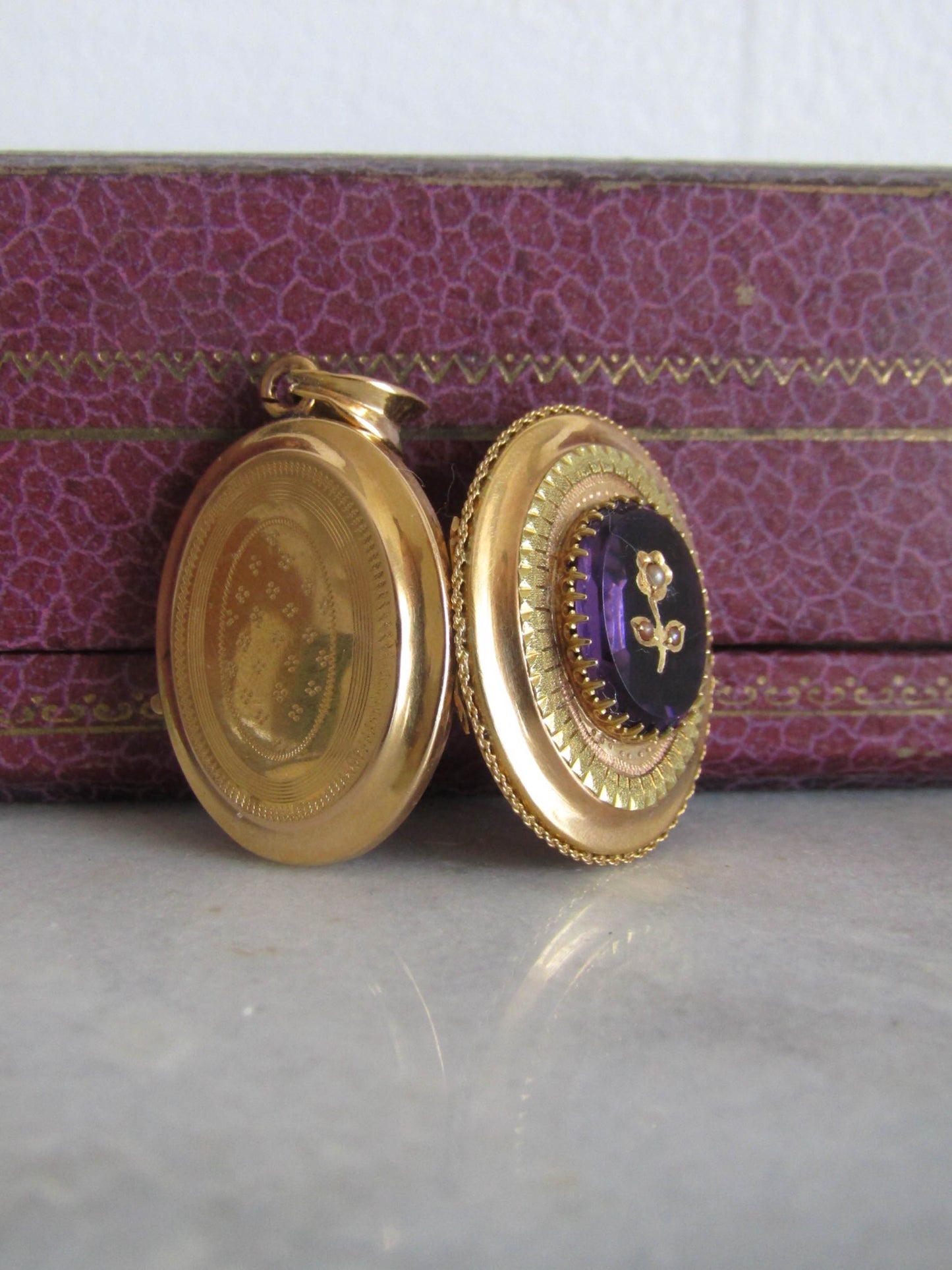 Antique 18K Amethyst Paste Floral Locket, Belle Epoque French Locket