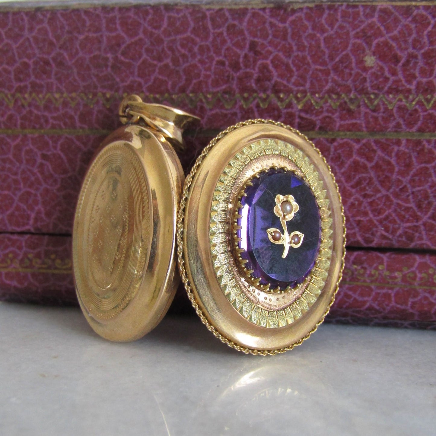 Antique 18K Amethyst Paste Floral Locket, Belle Epoque French Locket