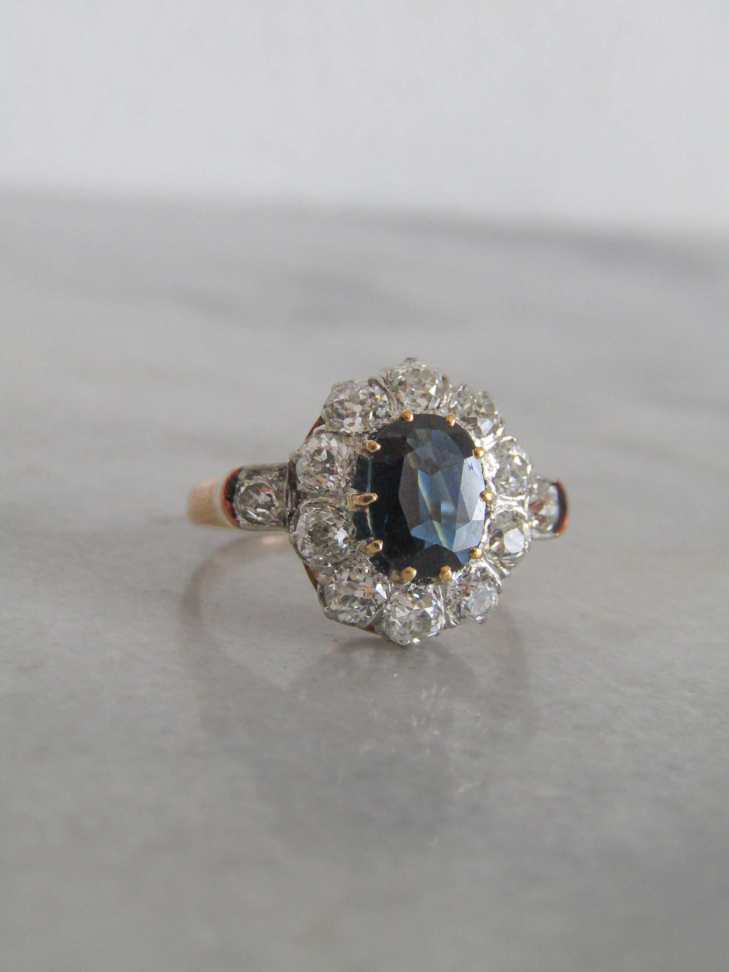 French Antique Sapphire and 1.2 Carat Diamond 18K Gold and Platinum Pompadour, Daisy Cluster Halo Engagement Ring c. 1900