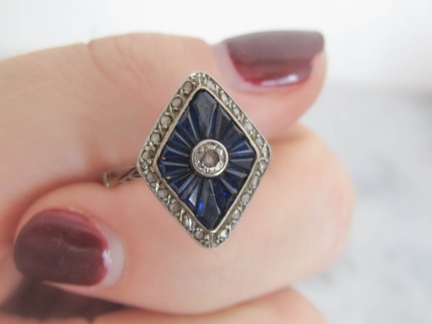 Antique Art Deco Calibrated Sapphire and Diamond Geometric Ring c. 1915