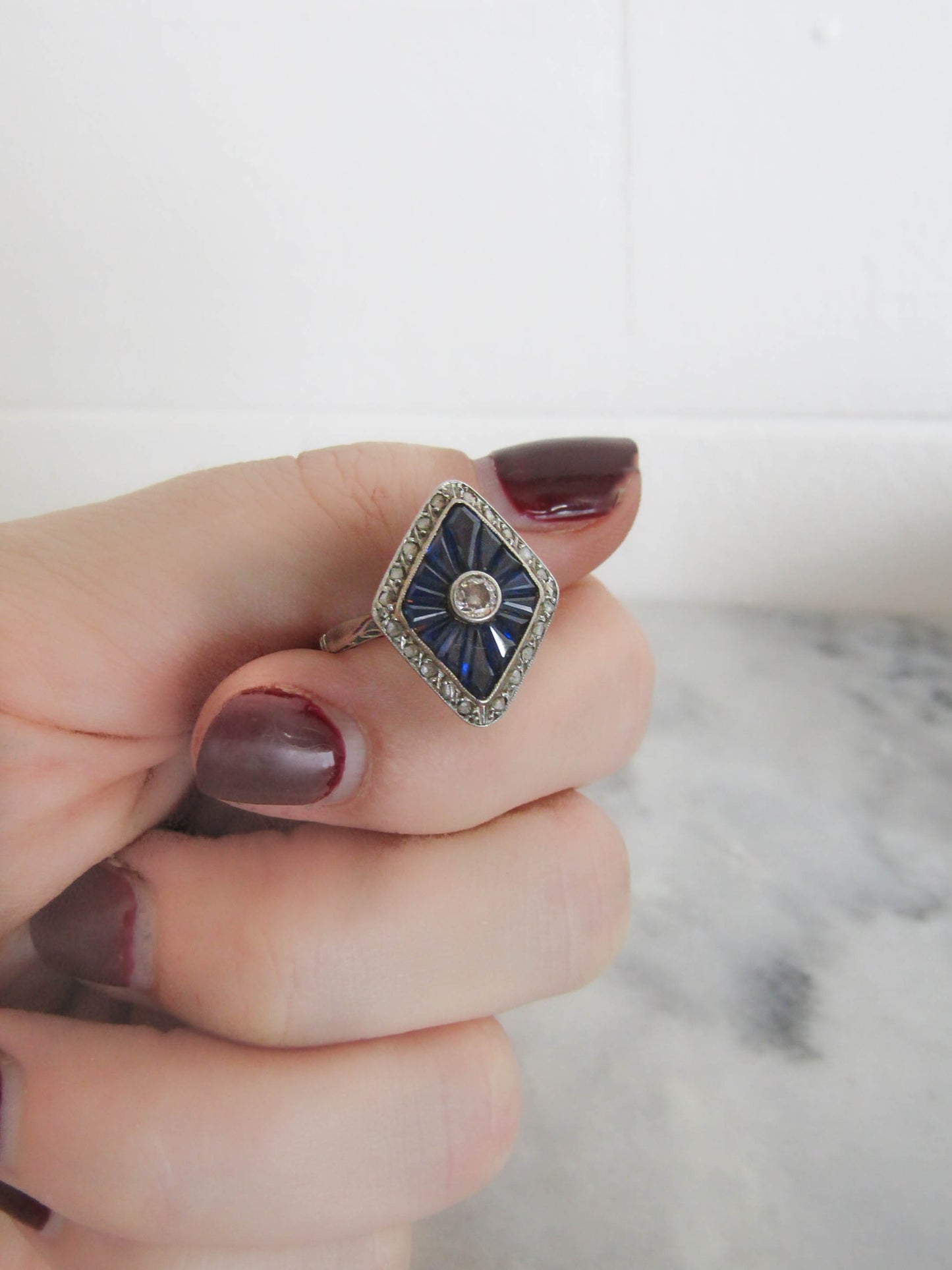 Antique Art Deco Calibrated Sapphire and Diamond Geometric Ring c. 1915