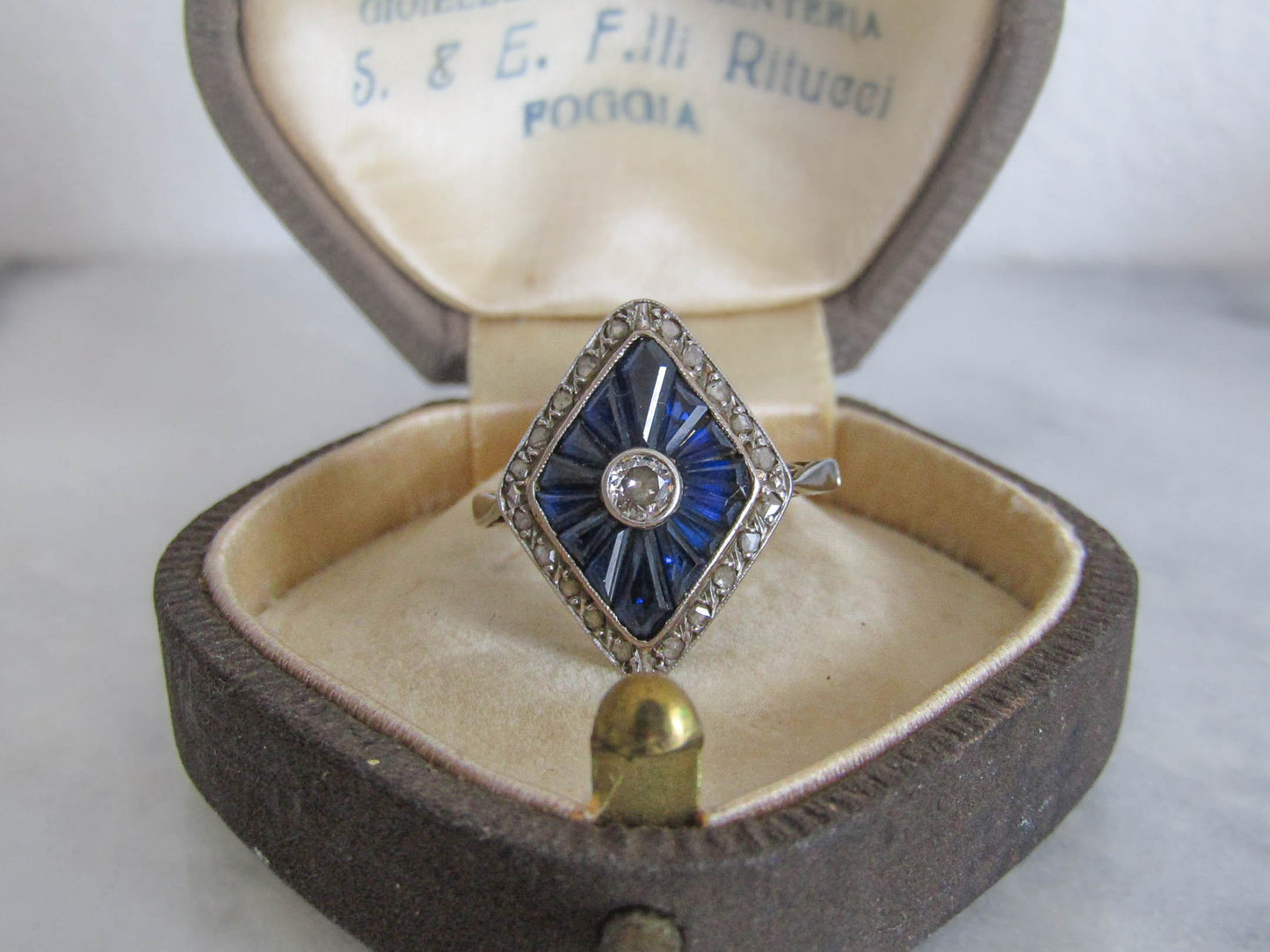 Antique Art Deco Calibrated Sapphire and Diamond Geometric Ring c. 1915