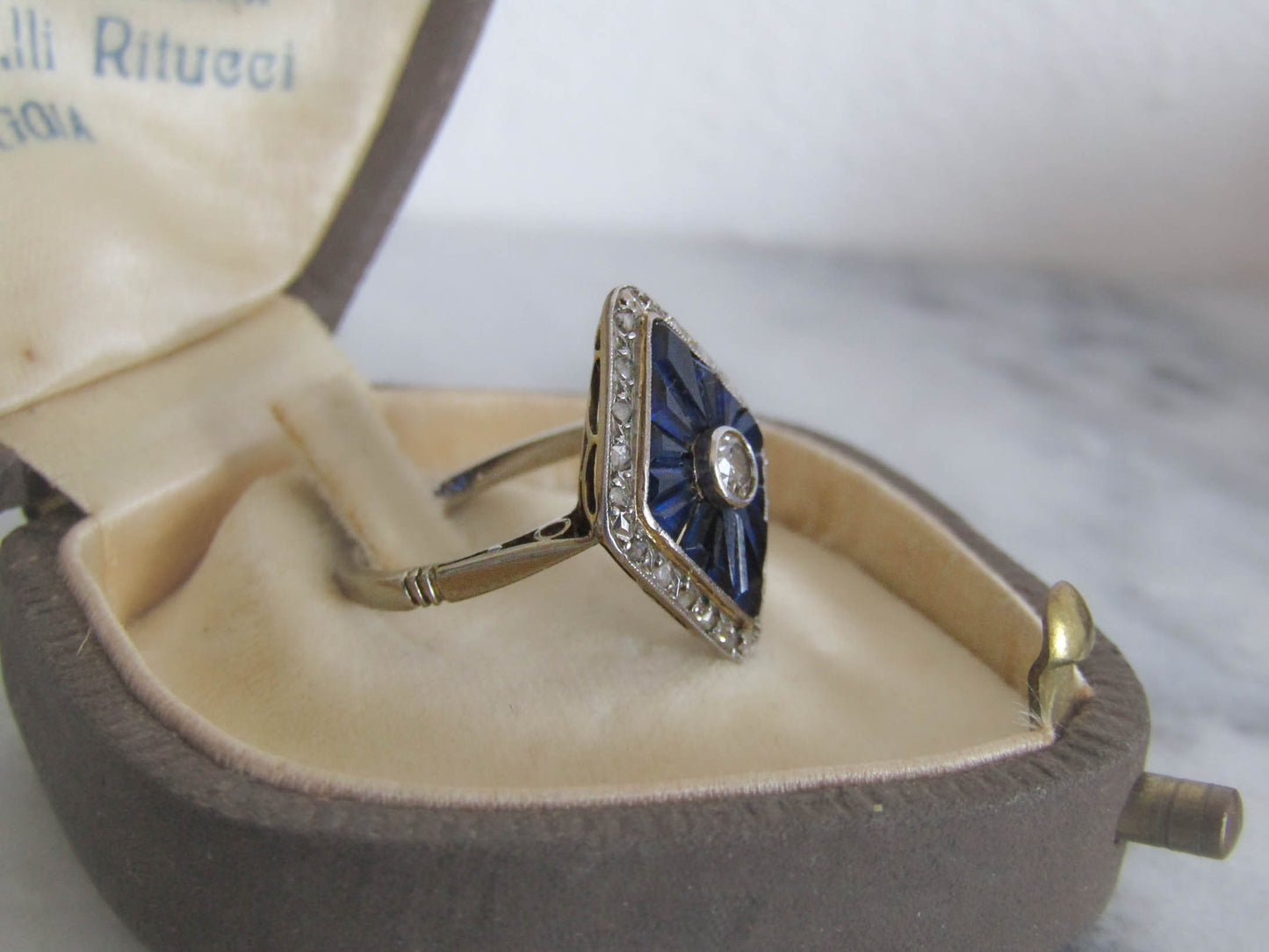 Antique Art Deco Calibrated Sapphire and Diamond Geometric Ring c. 1915