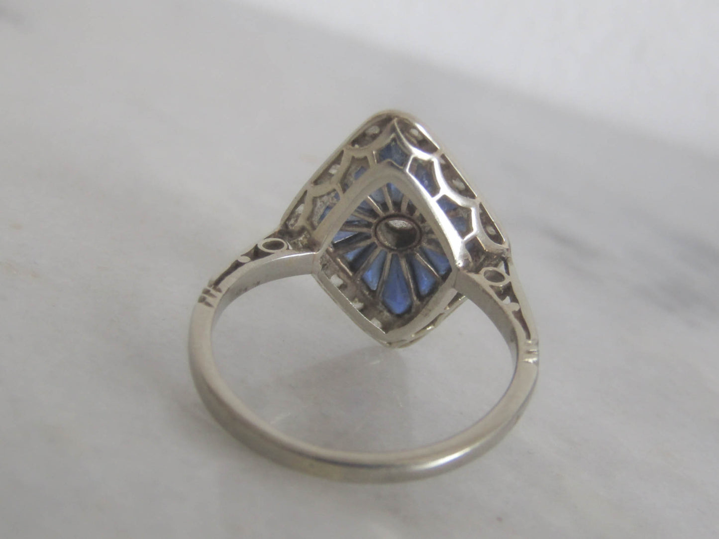 Antique Art Deco Calibrated Sapphire and Diamond Geometric Ring c. 1915