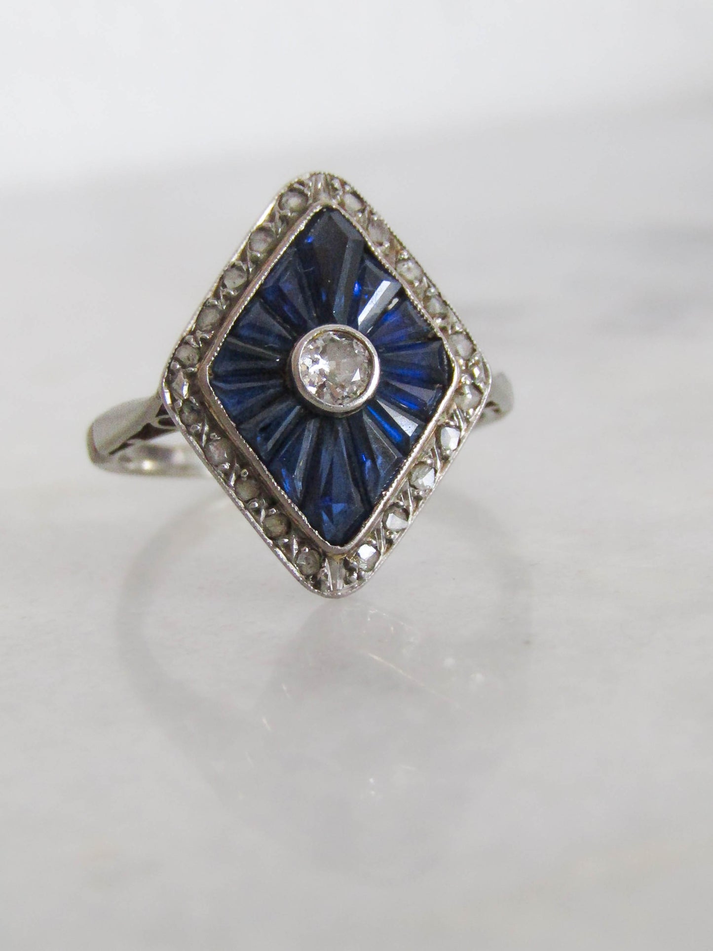 Antique Art Deco Calibrated Sapphire and Diamond Geometric Ring c. 1915