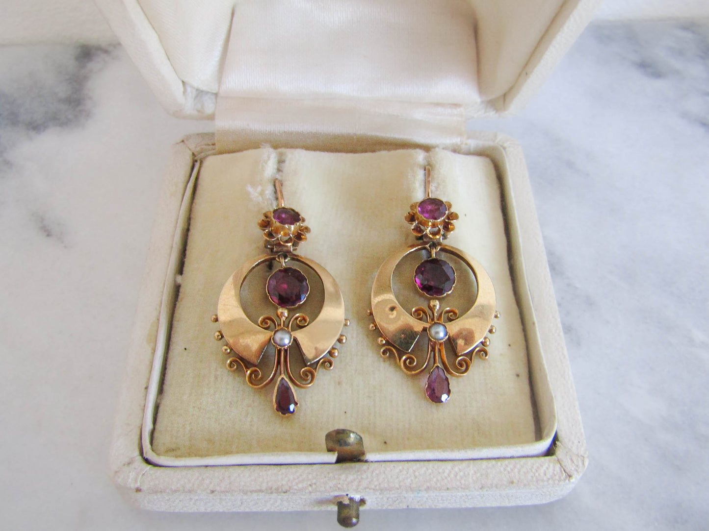 Antique 18K Solid Gold Etruscan Revival Earrings with Almandine Garnets c. 1870