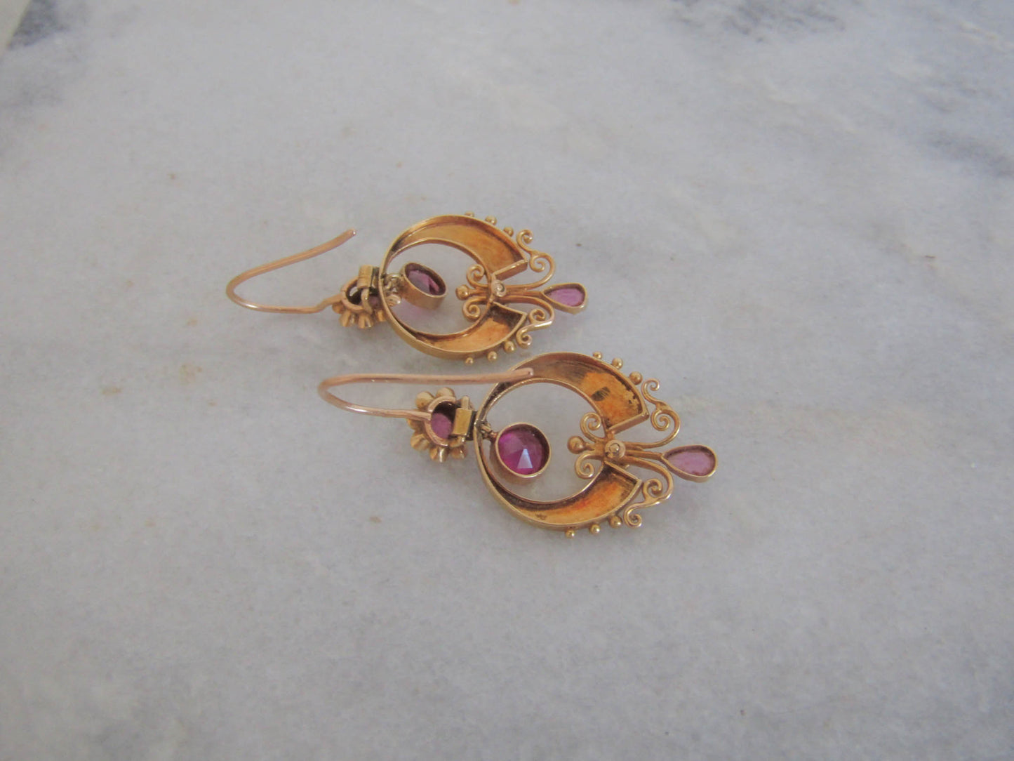 Antique 18K Solid Gold Etruscan Revival Earrings with Almandine Garnets c. 1870