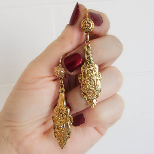 Antique Solid Gold Long Day & Night Dangle Earrings c. 1880