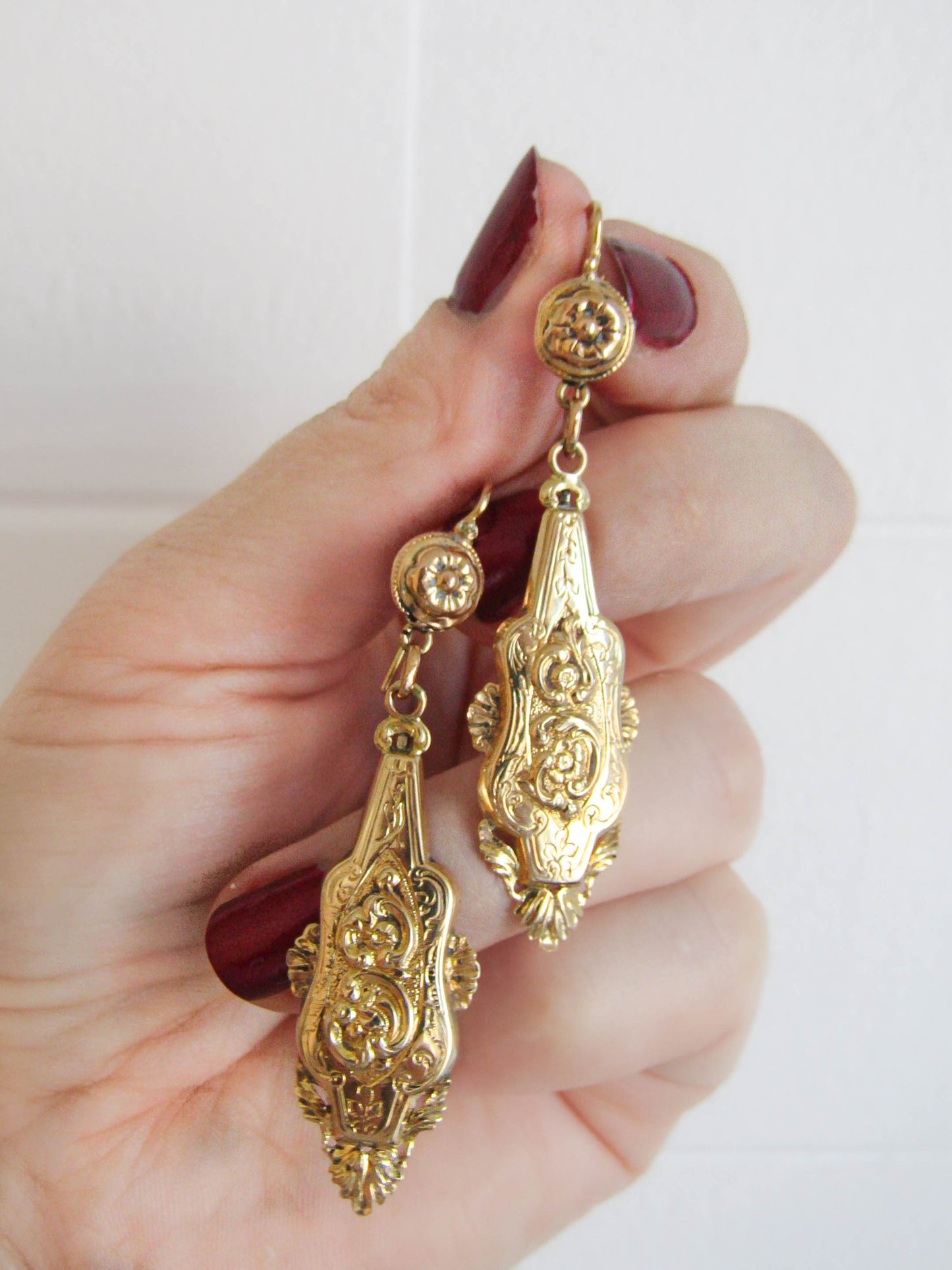 Antique Solid Gold Long Day & Night Dangle Earrings c. 1880