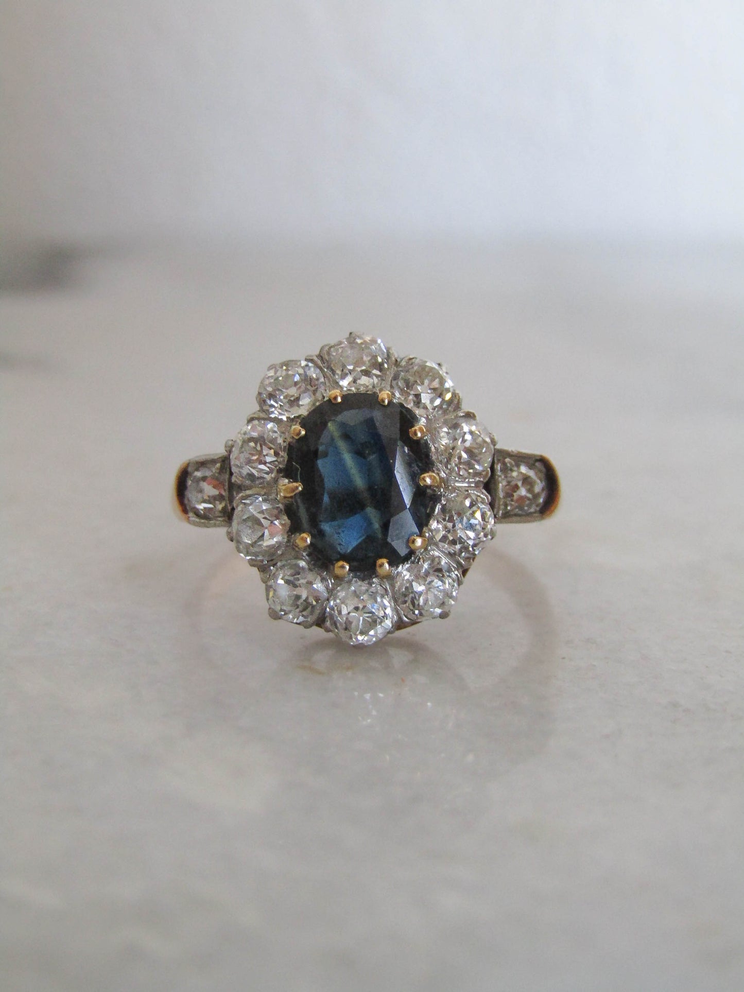 French Antique Sapphire and 1.2 Carat Diamond 18K Gold and Platinum Pompadour, Daisy Cluster Halo Engagement Ring c. 1900