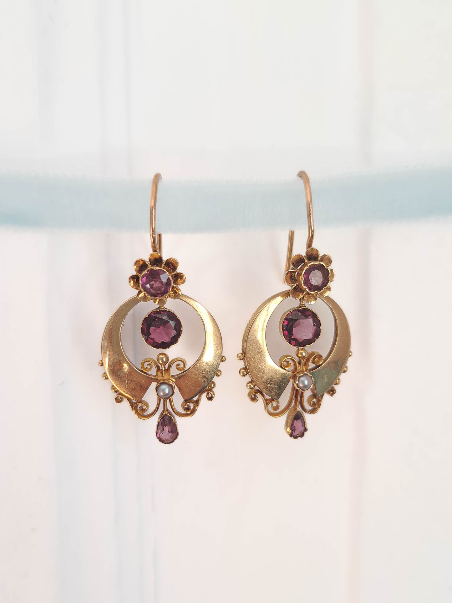 Antique 18K Solid Gold Etruscan Revival Earrings with Almandine Garnets c. 1870