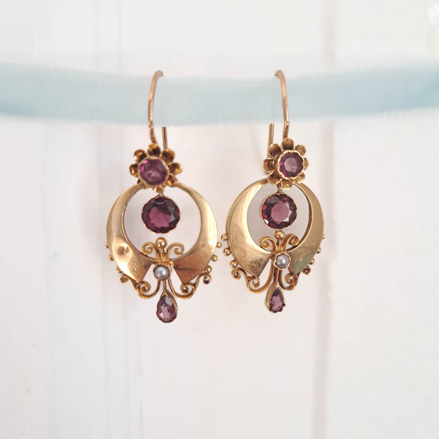 Antique 18K Solid Gold Etruscan Revival Earrings with Almandine Garnets c. 1870