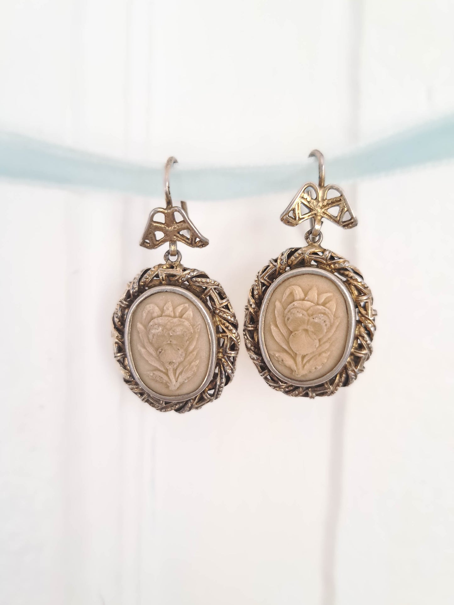 Antique Lava Stone Pansy Cameo Earrings,