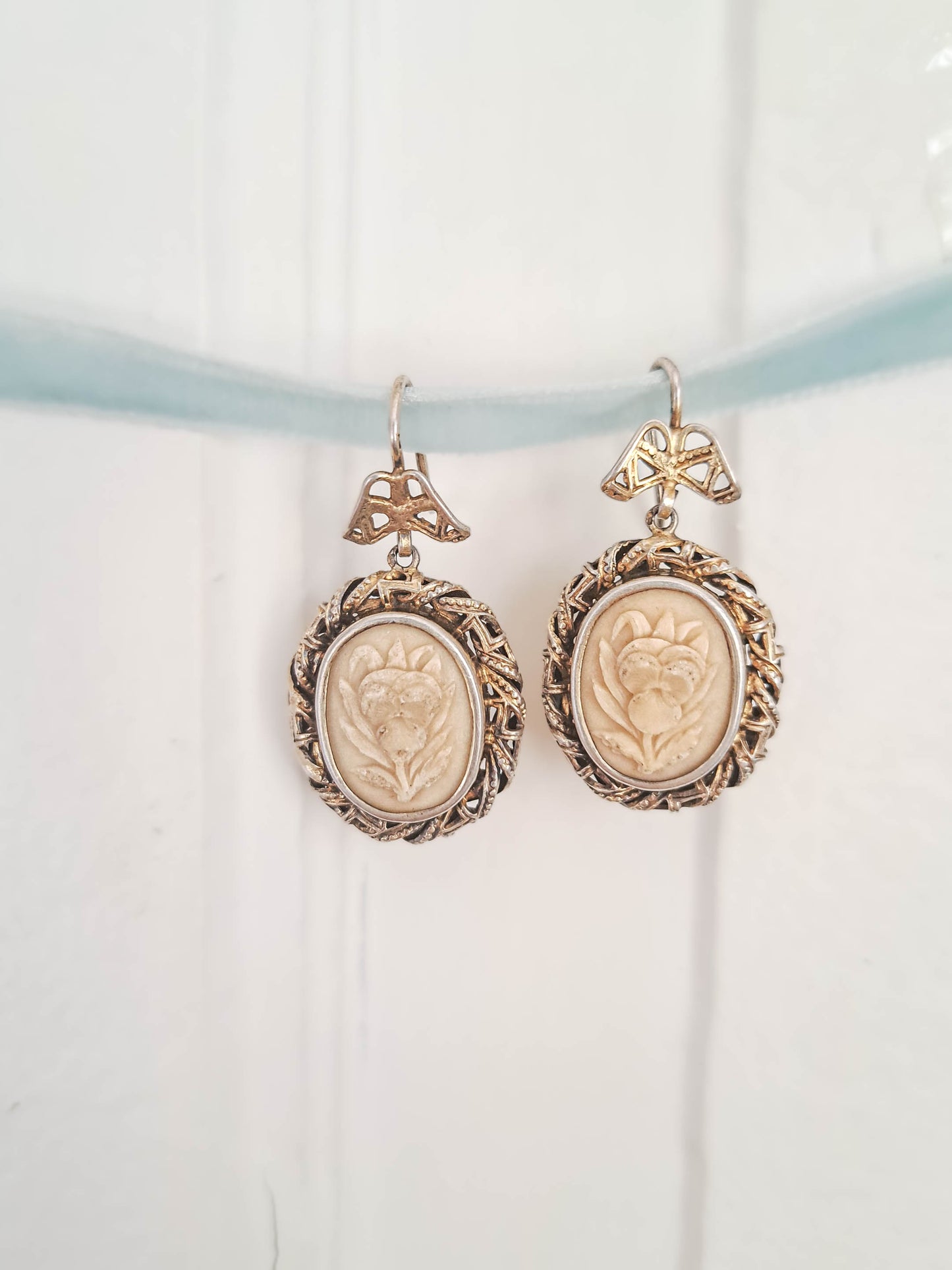 Antique Lava Stone Pansy Cameo Earrings,