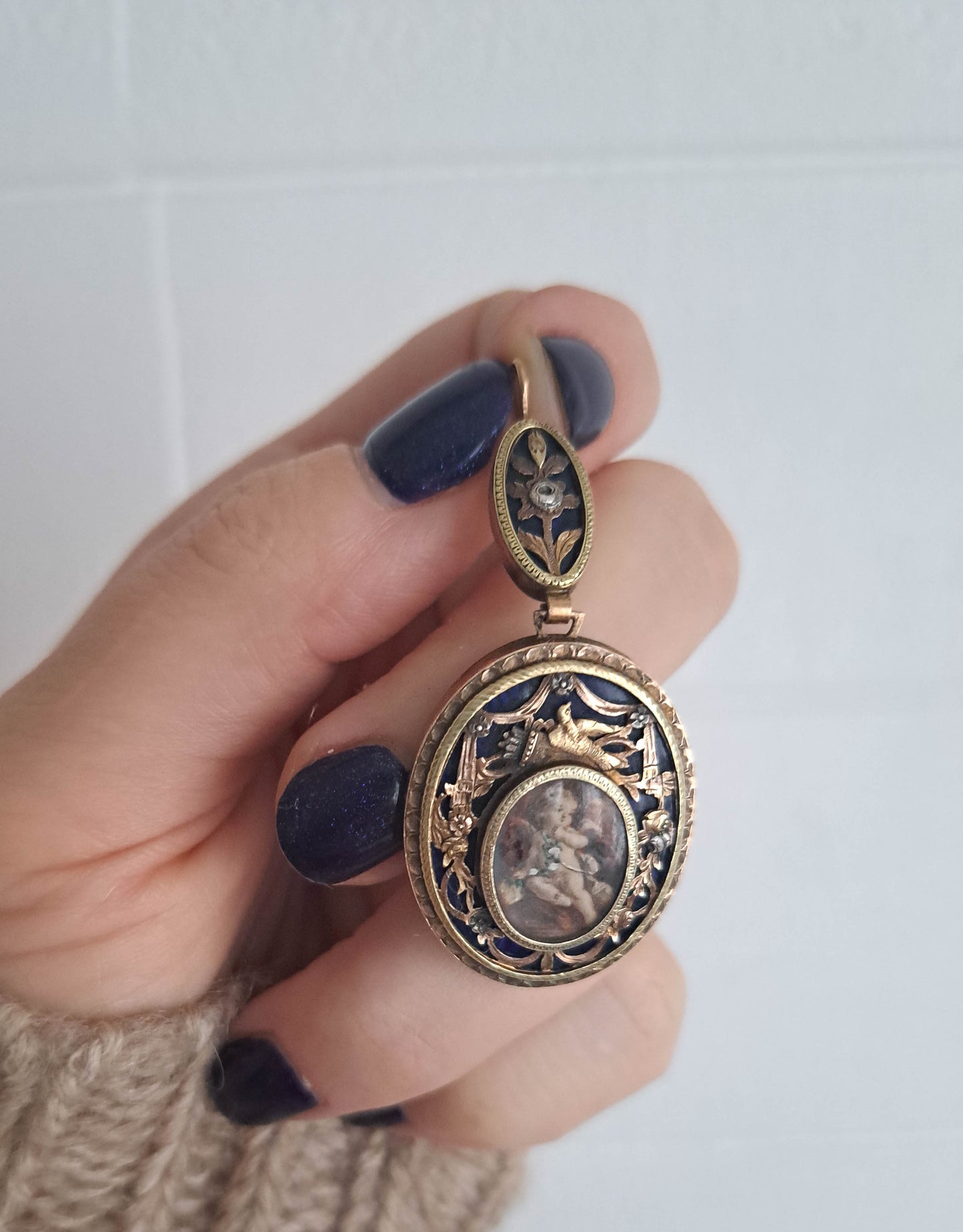 Antique 18K Gold Portrait Pendant with Cobalt Blue Enamel and tricolor gold, XIX Century French Gold Earring Conversion Pendant