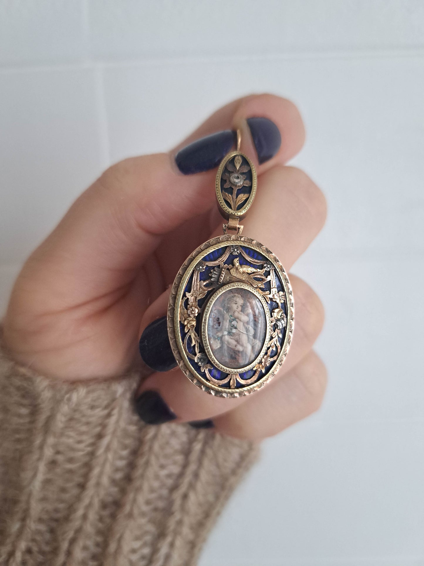 Antique 18K Gold Portrait Pendant with Cobalt Blue Enamel and tricolor gold, XIX Century French Gold Earring Conversion Pendant