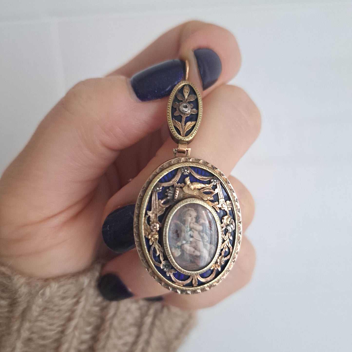 Antique 18K Gold Portrait Pendant with Cobalt Blue Enamel and tricolor gold, XIX Century French Gold Earring Conversion Pendant