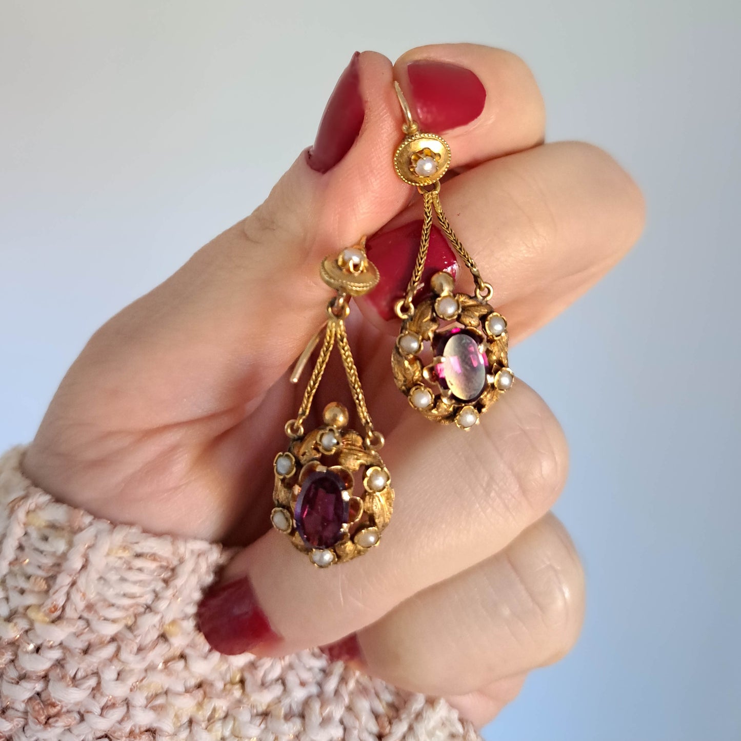Antique 18K Gold Garnet Drop Earrings, Belle Epoque Foxtail Design