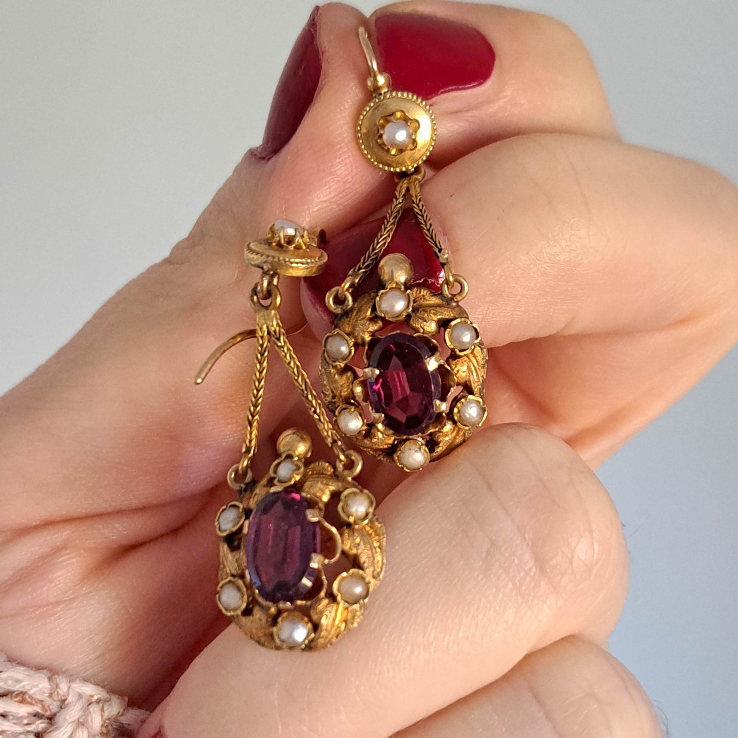 Antique 18K Gold Garnet Drop Earrings, Belle Epoque Foxtail Design