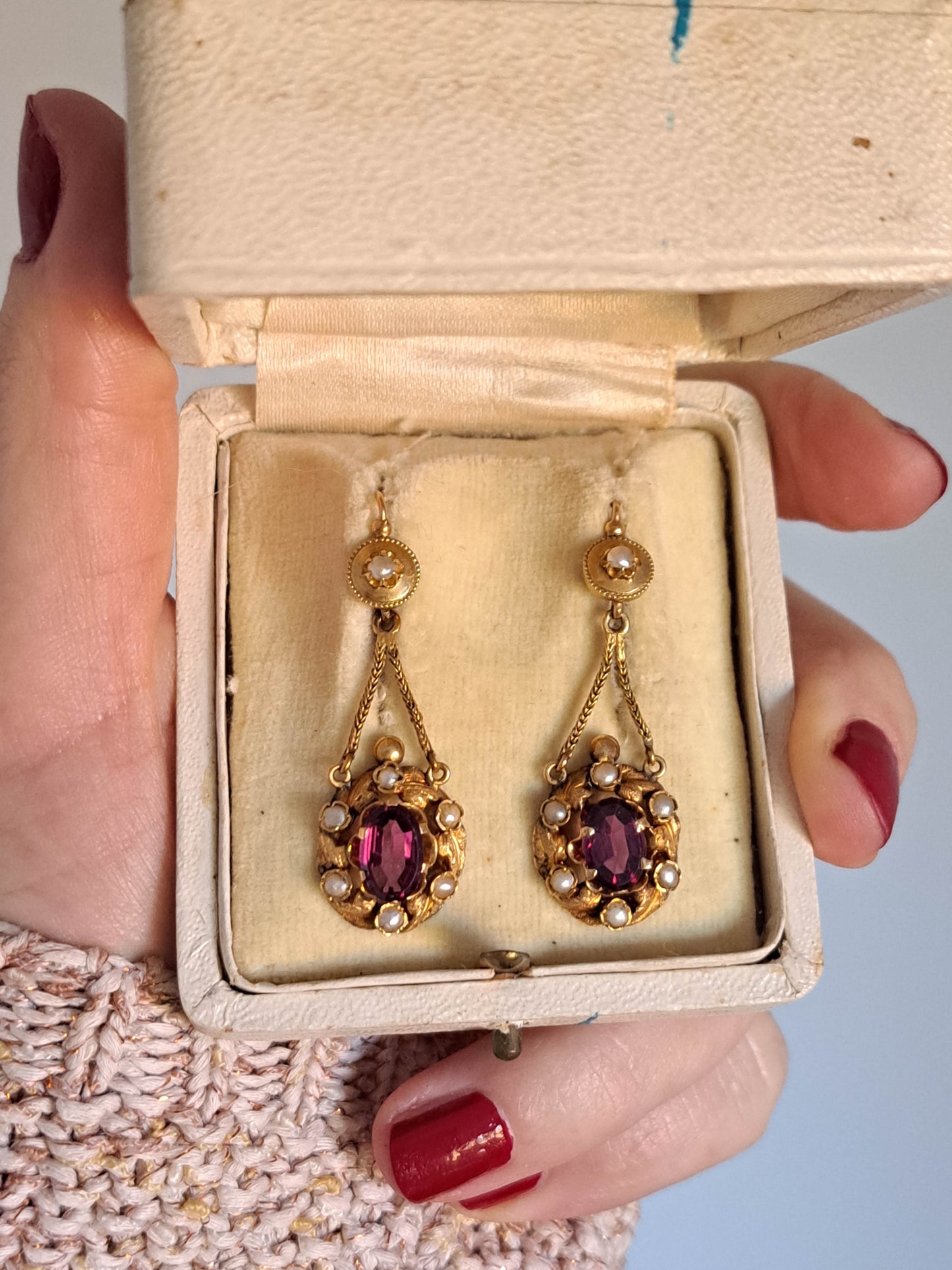 Antique 18K Gold Garnet Drop Earrings, Belle Epoque Foxtail Design