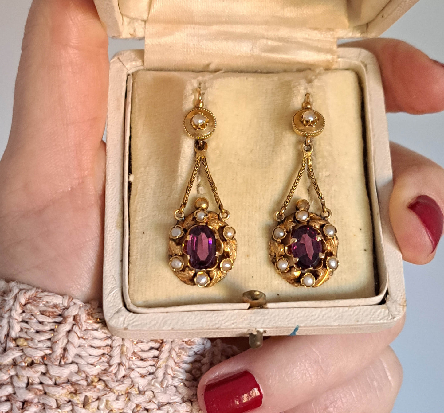 Antique 18K Gold Garnet Drop Earrings, Belle Epoque Foxtail Design