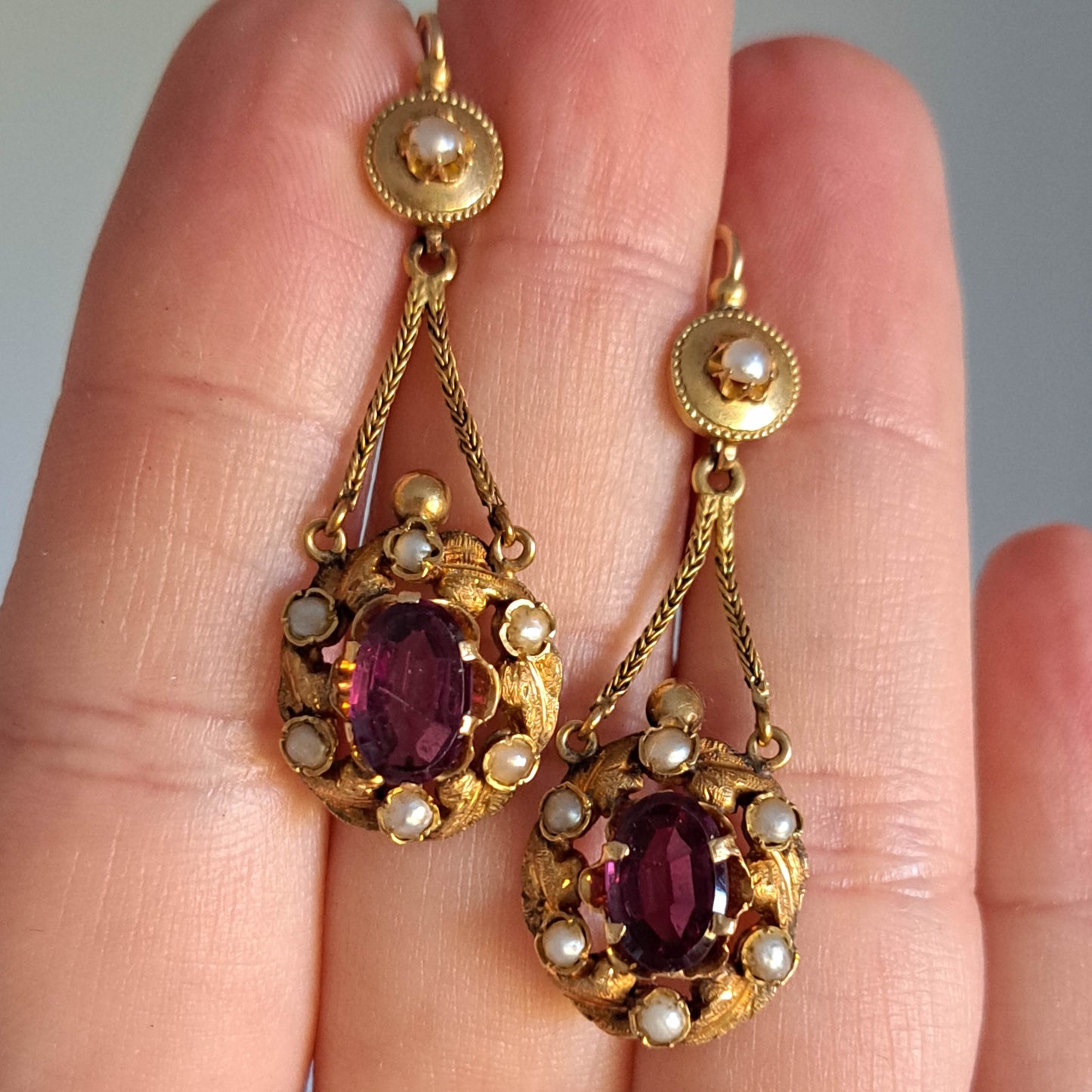 Antique 18K Gold Garnet Drop Earrings, Belle Epoque Foxtail Design