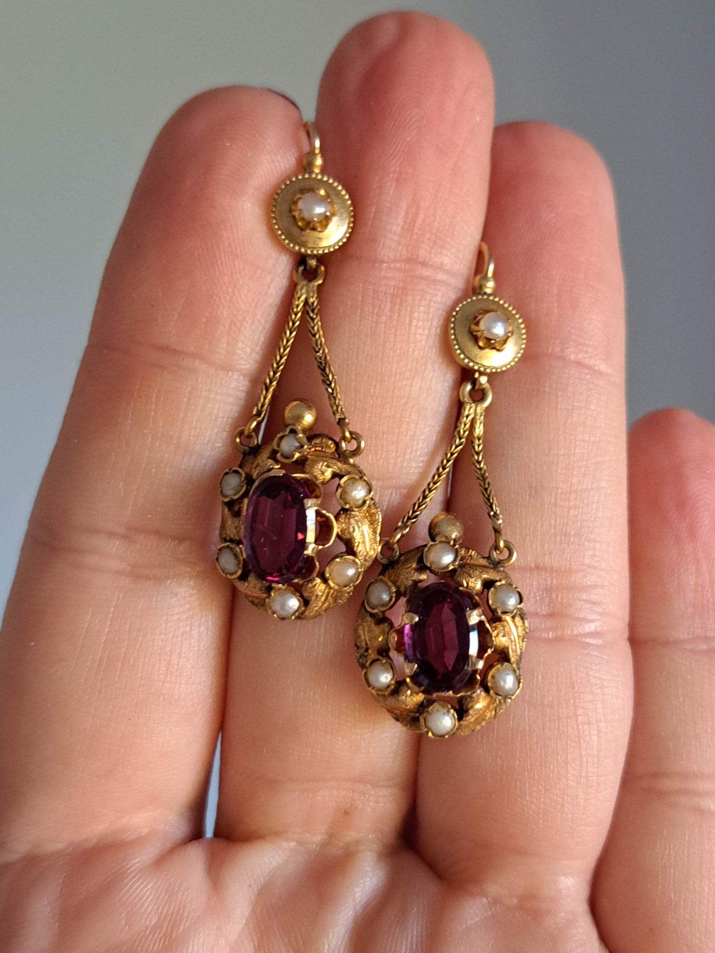 Antique 18K Gold Garnet Drop Earrings, Belle Epoque Foxtail Design