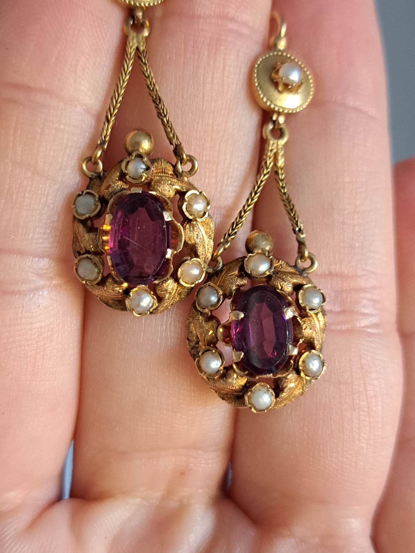 Antique 18K Gold Garnet Drop Earrings, Belle Epoque Foxtail Design
