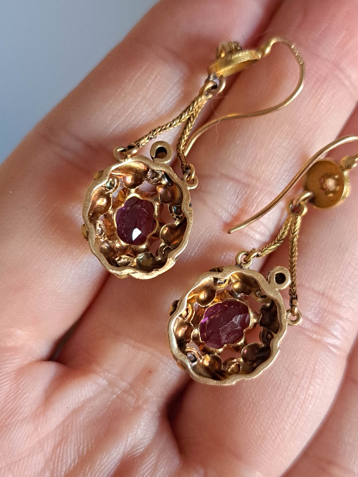 Antique 18K Gold Garnet Drop Earrings, Belle Epoque Foxtail Design
