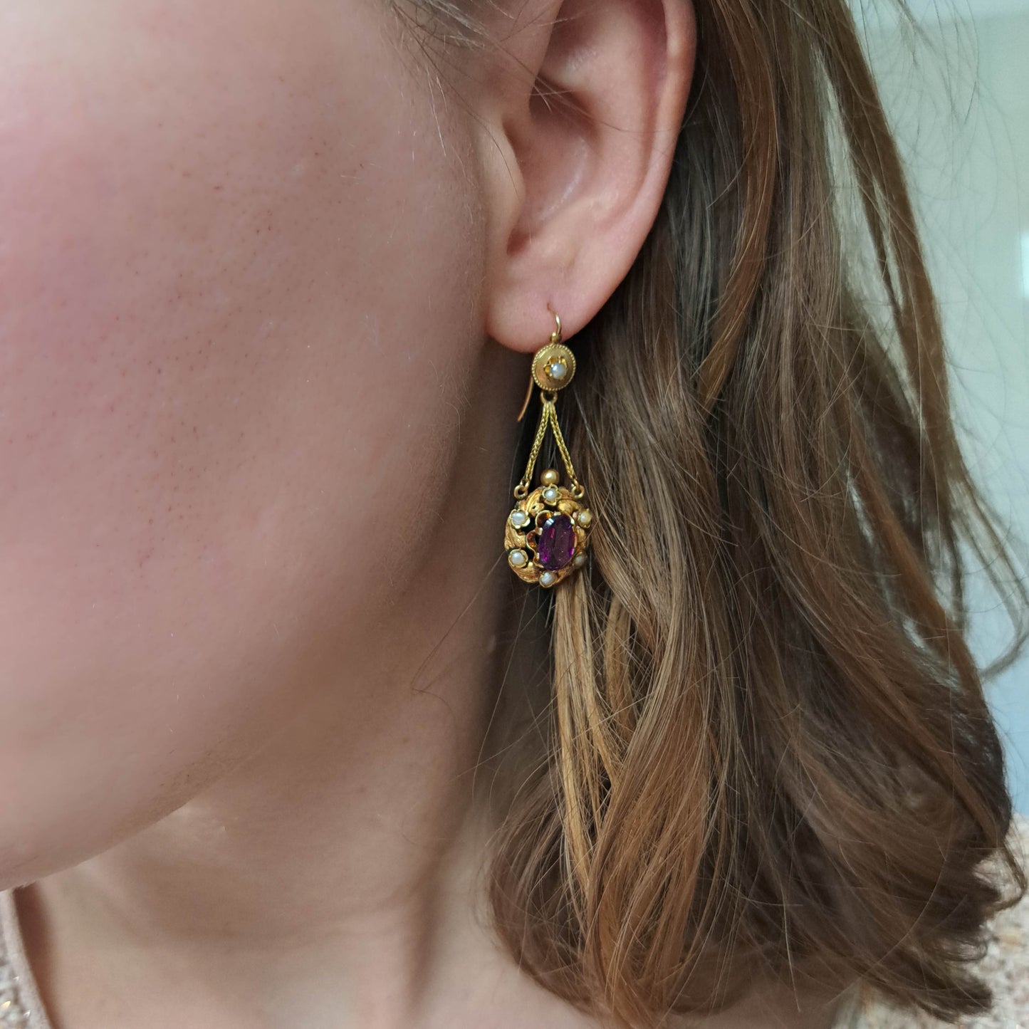 Antique 18K Gold Garnet Drop Earrings, Belle Epoque Foxtail Design