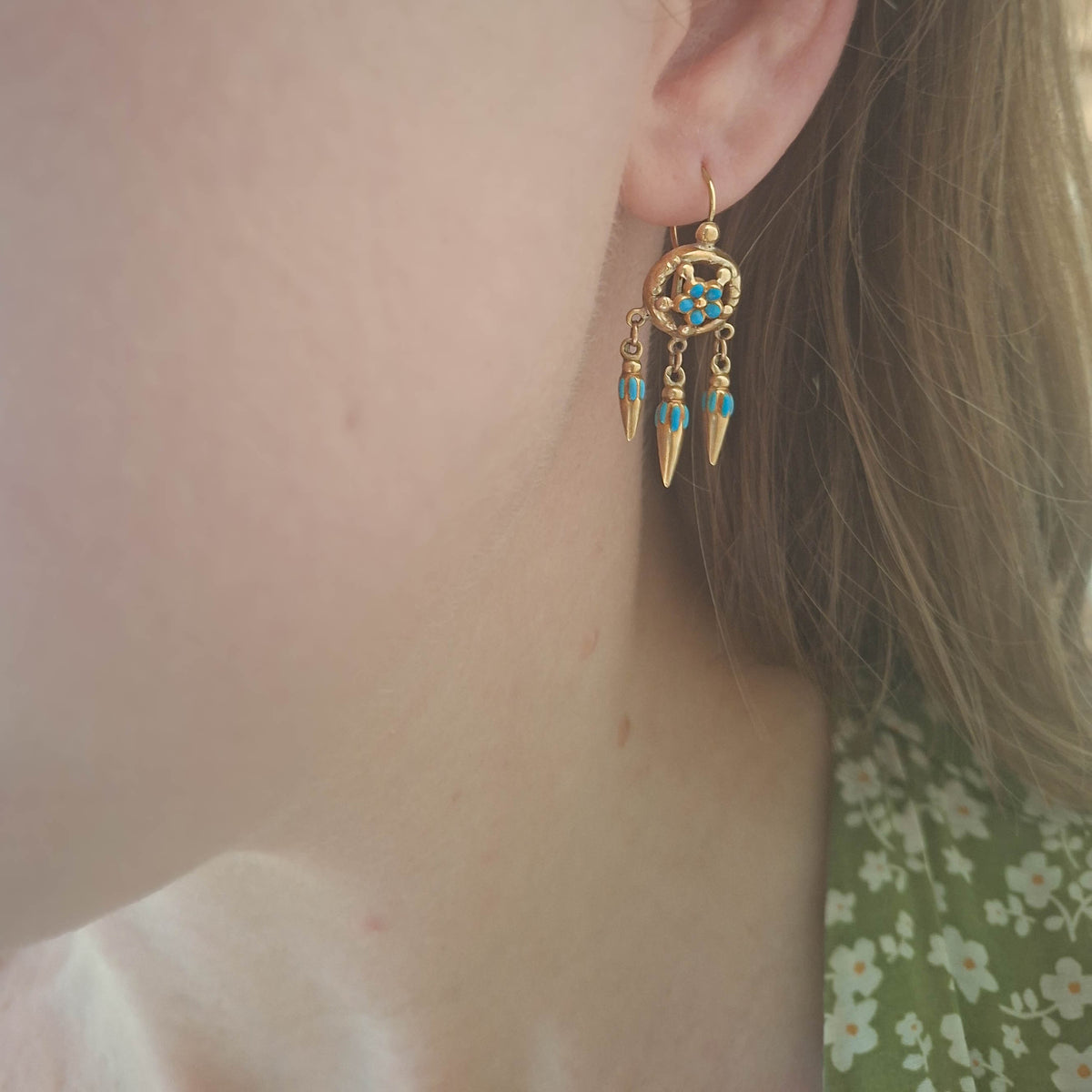 Antique Victorian Etruscan Revival Enamel Forget-Me-Not Earrings c. 1880