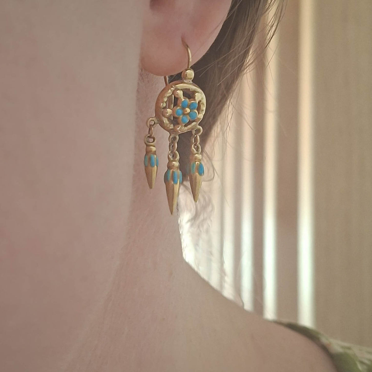 Antique Victorian Etruscan Revival Enamel Forget-Me-Not Earrings c. 1880