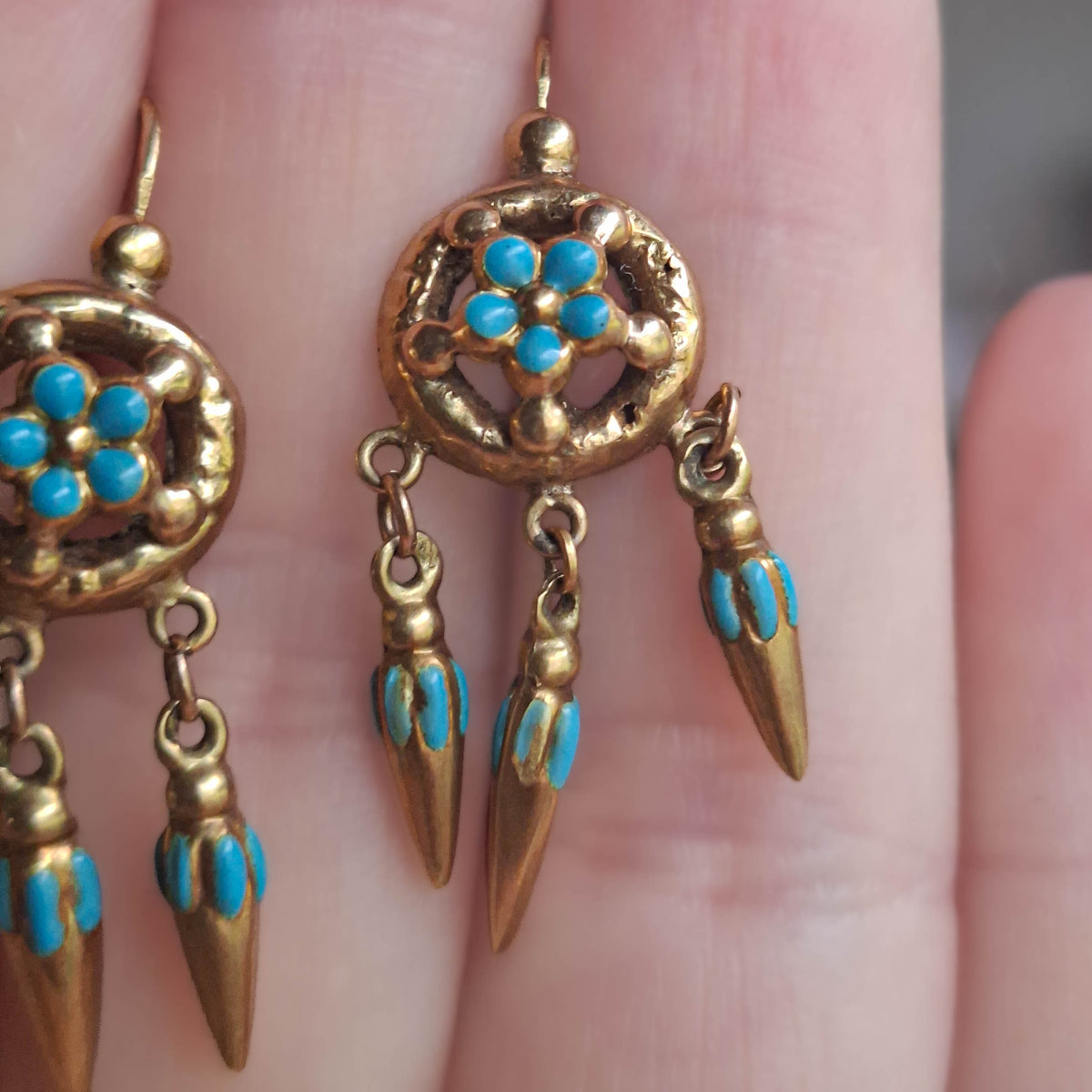 Antique Victorian Etruscan Revival Enamel Forget-Me-Not Earrings c. 1880