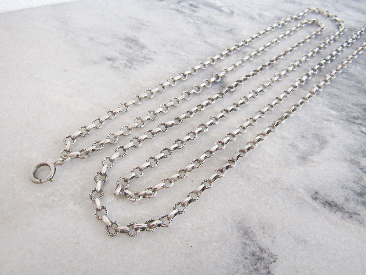 56" French Silver Long Guard Chain, Victorian Belle Epoque textured Heavy Chain with Hanging Bolt Ring