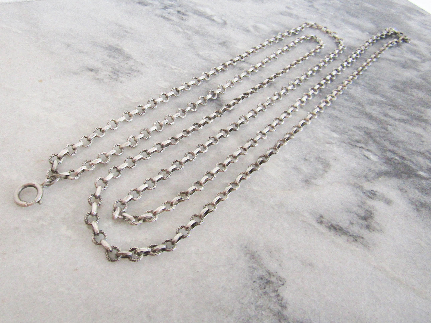 56" French Silver Long Guard Chain, Victorian Belle Epoque textured Heavy Chain with Hanging Bolt Ring