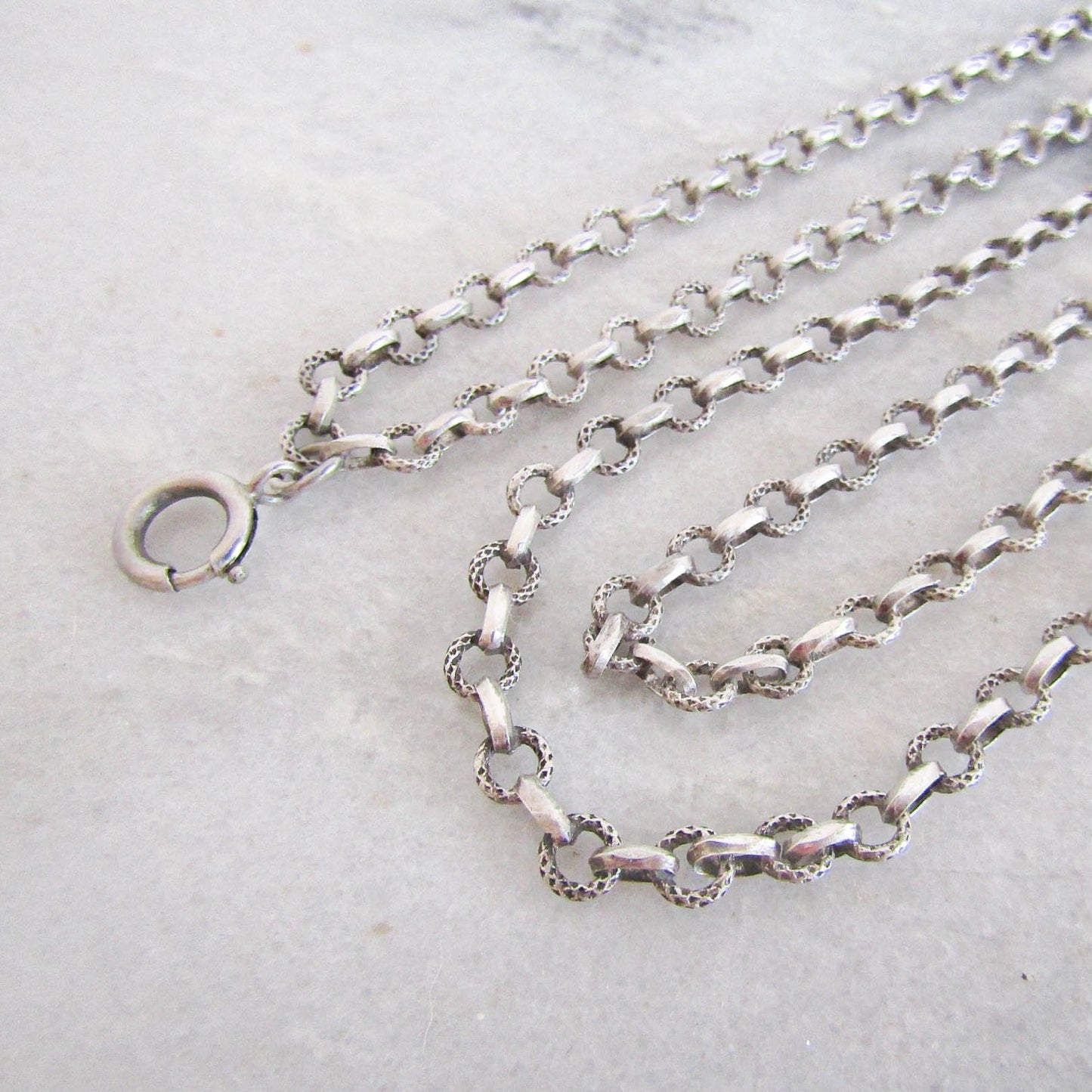 56" French Silver Long Guard Chain, Victorian Belle Epoque textured Heavy Chain with Hanging Bolt Ring