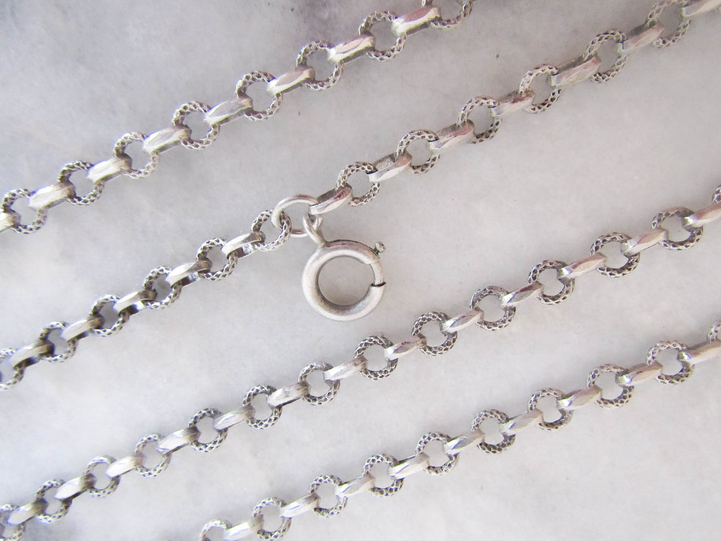 56" French Silver Long Guard Chain, Victorian Belle Epoque textured Heavy Chain with Hanging Bolt Ring