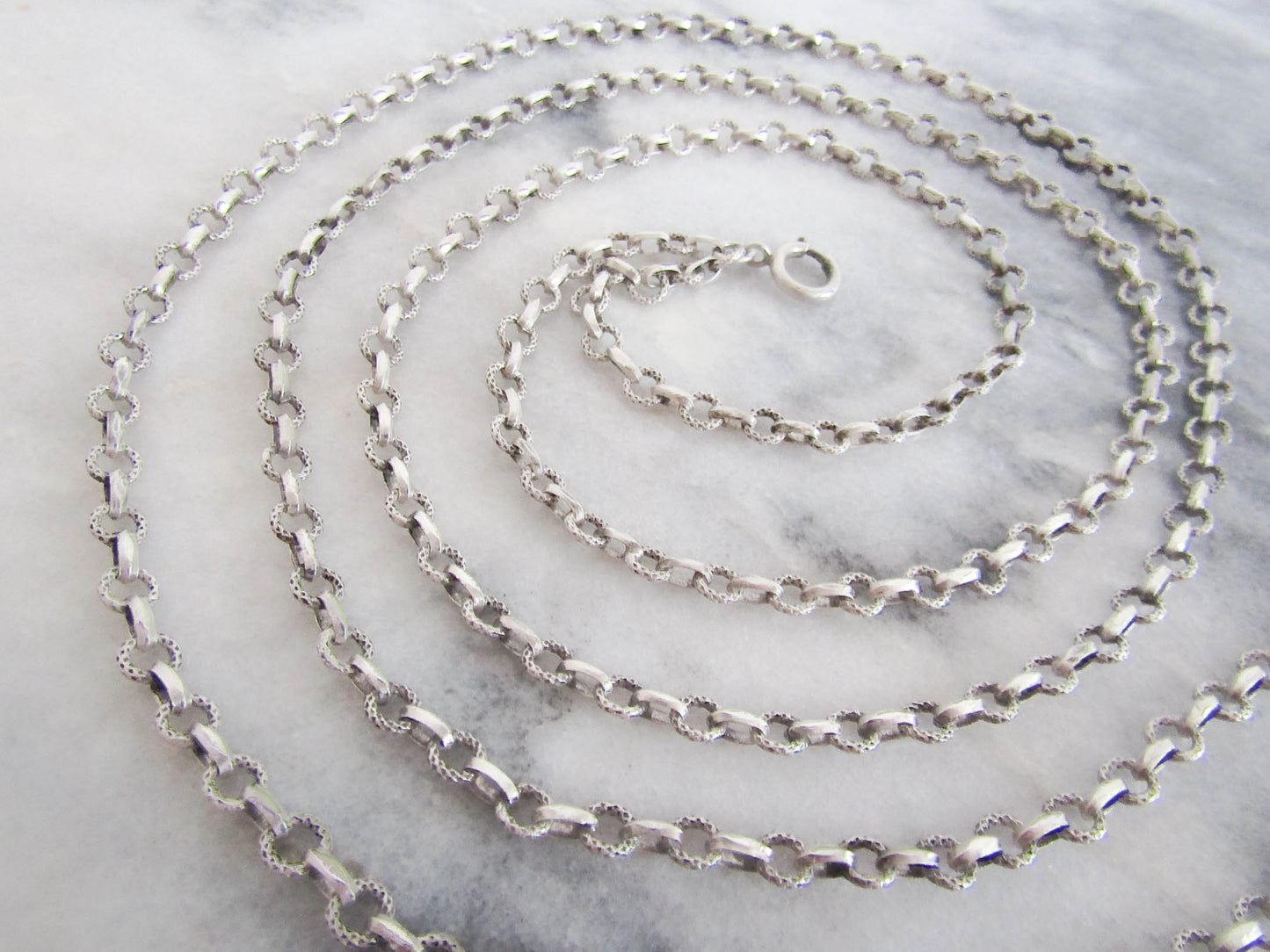 56" French Silver Long Guard Chain, Victorian Belle Epoque textured Heavy Chain with Hanging Bolt Ring