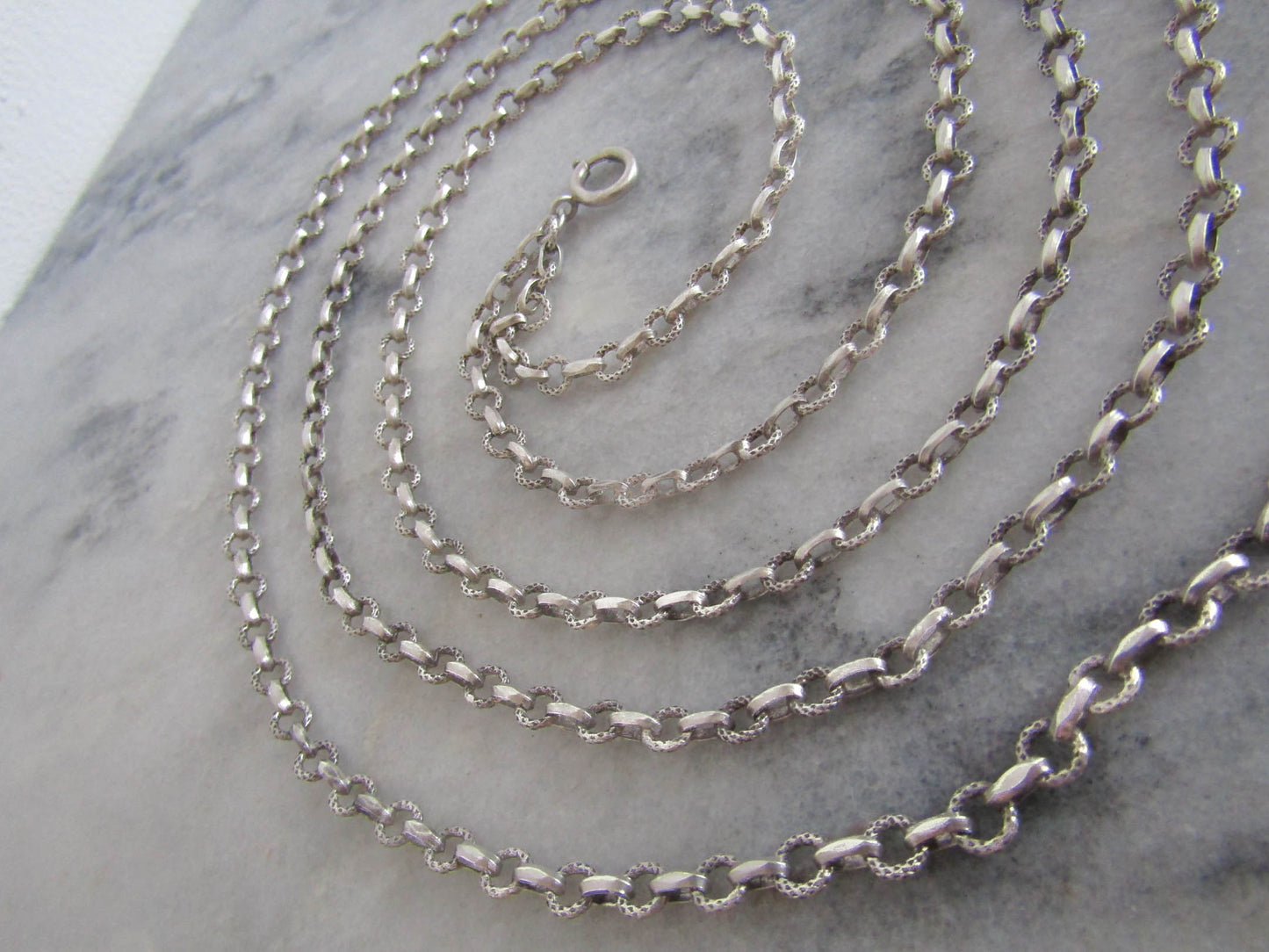 56" French Silver Long Guard Chain, Victorian Belle Epoque textured Heavy Chain with Hanging Bolt Ring