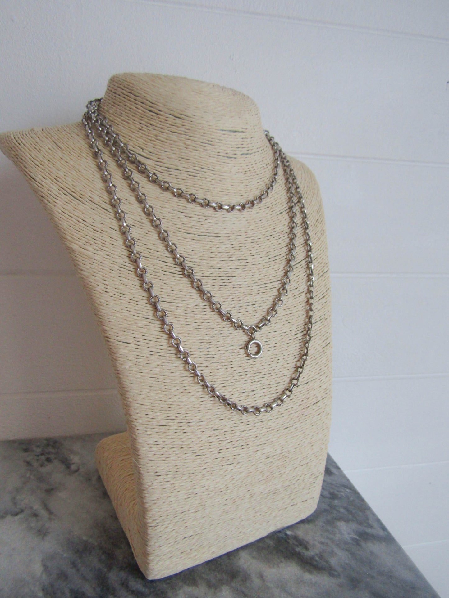 56" French Silver Long Guard Chain, Victorian Belle Epoque textured Heavy Chain with Hanging Bolt Ring