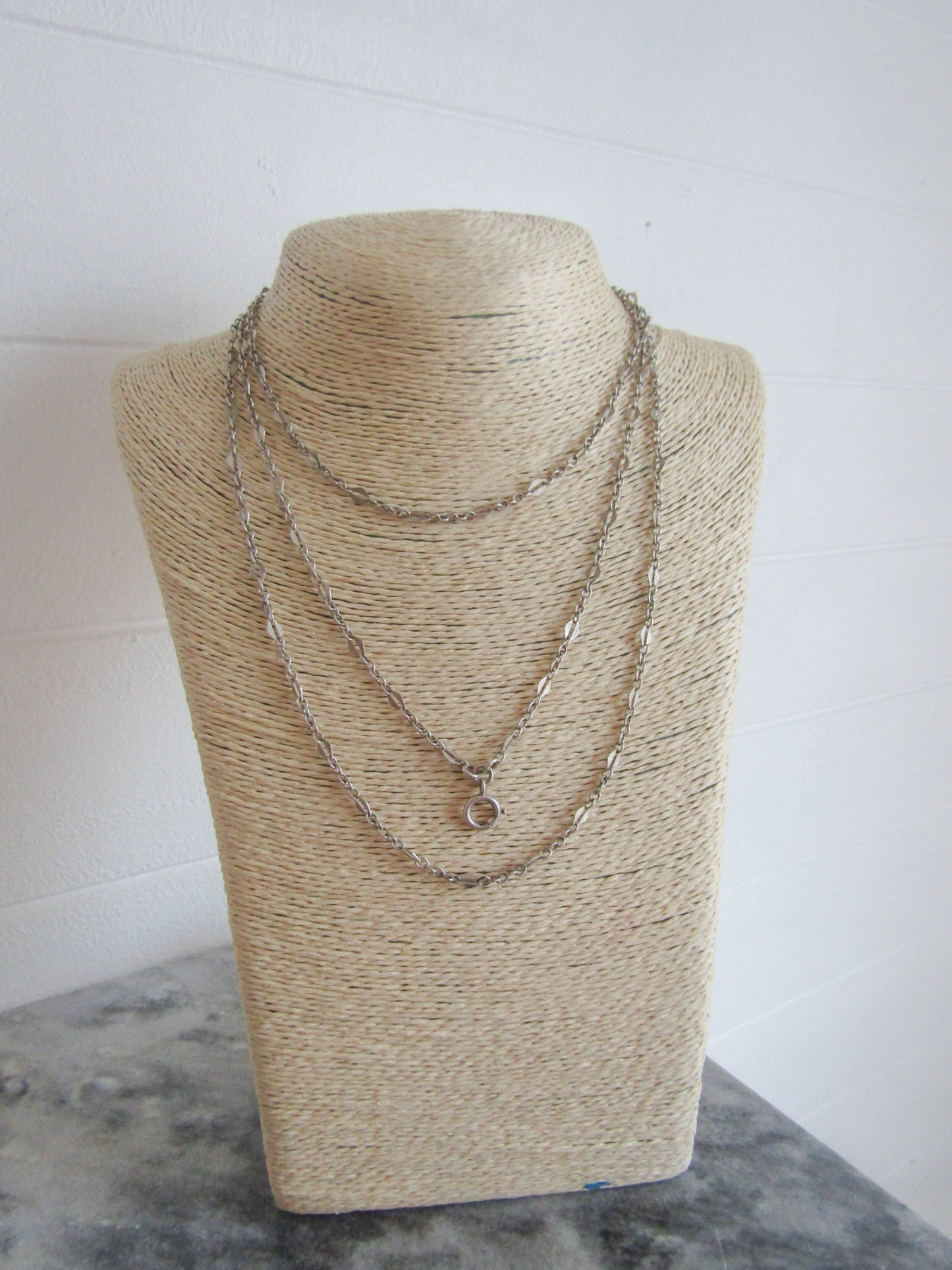 56" French Silver Art Deco Long Guard Chain with Lozenge Links and Hanging Bolt Ring