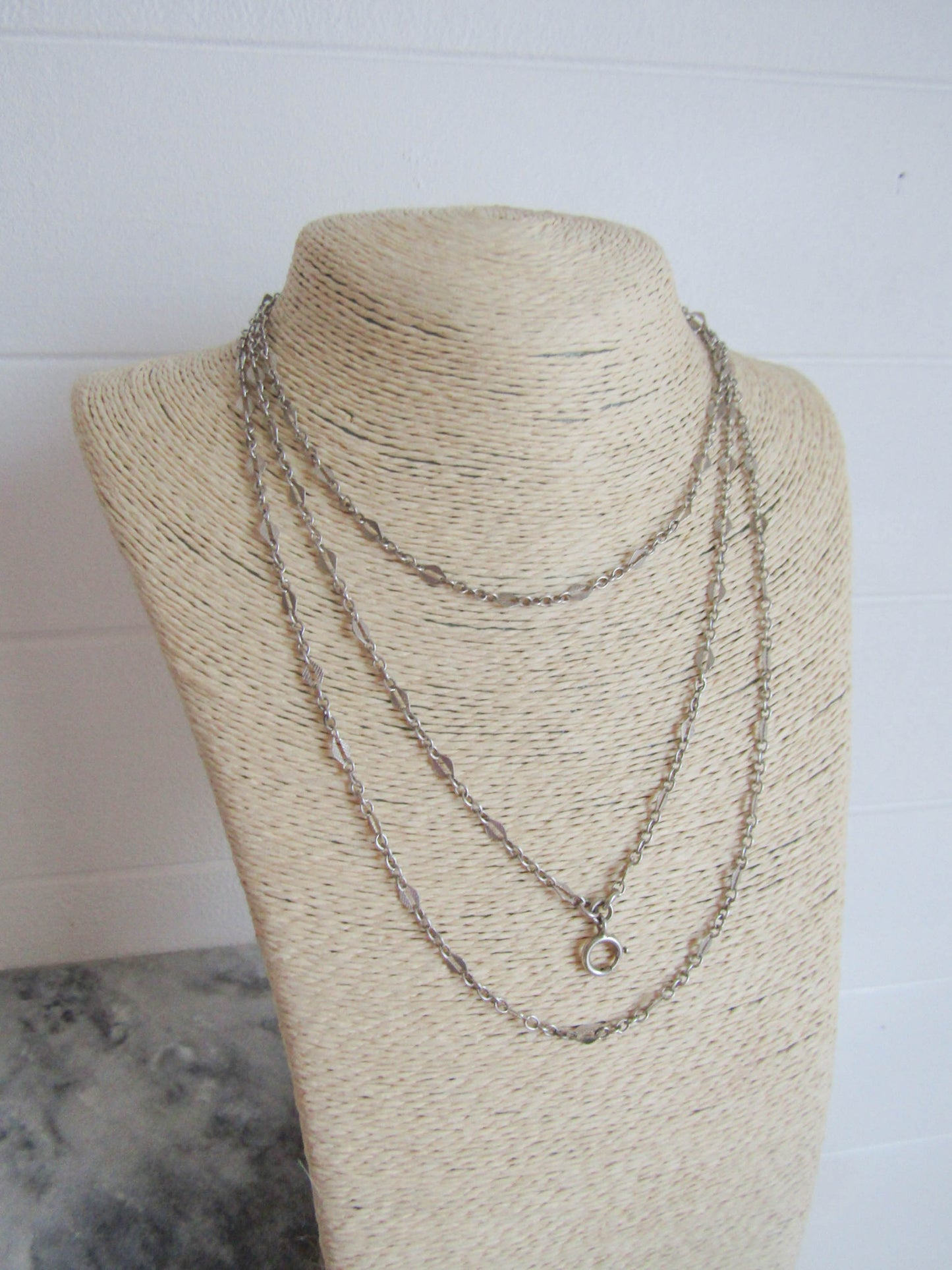 56" French Silver Art Deco Long Guard Chain with Lozenge Links and Hanging Bolt Ring