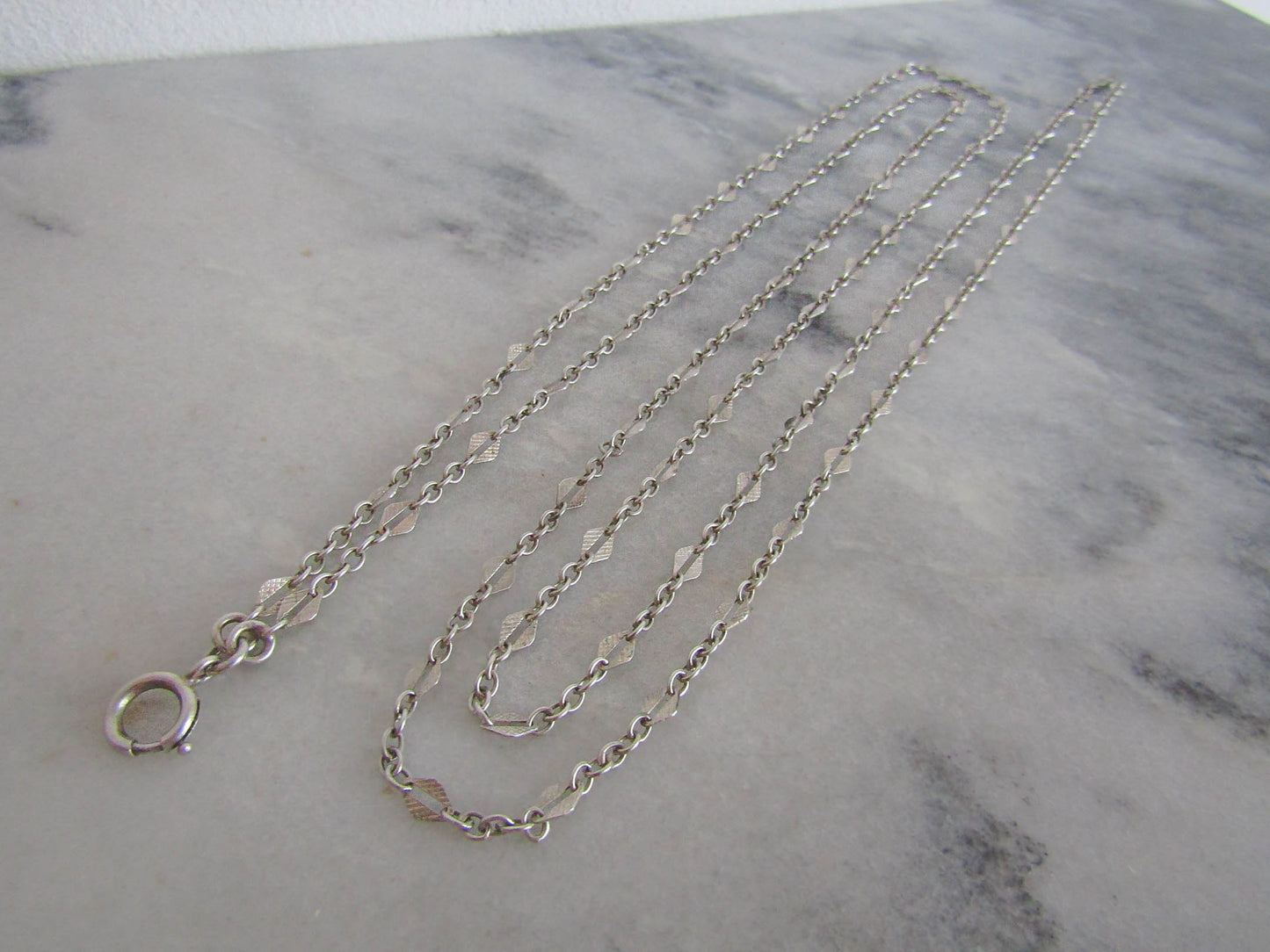 56" French Silver Art Deco Long Guard Chain with Lozenge Links and Hanging Bolt Ring