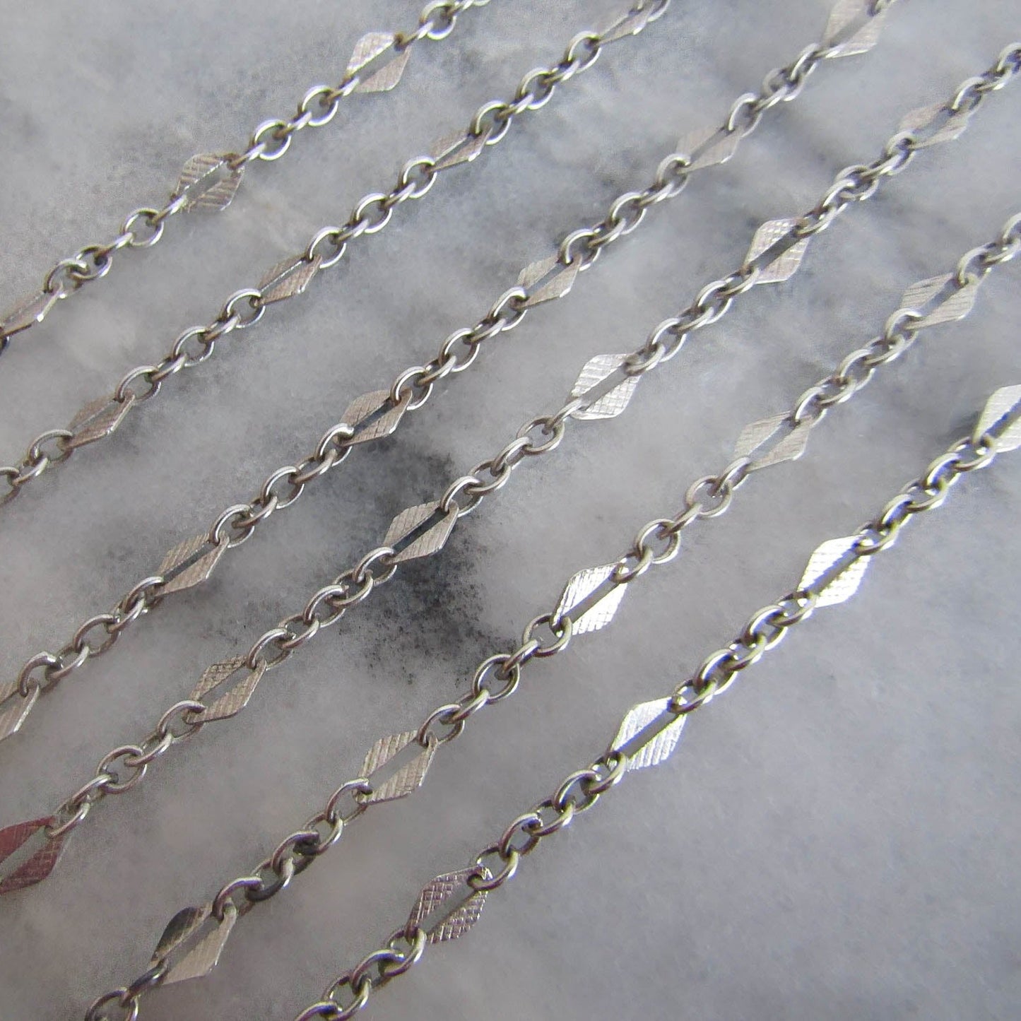 56" French Silver Art Deco Long Guard Chain with Lozenge Links and Hanging Bolt Ring