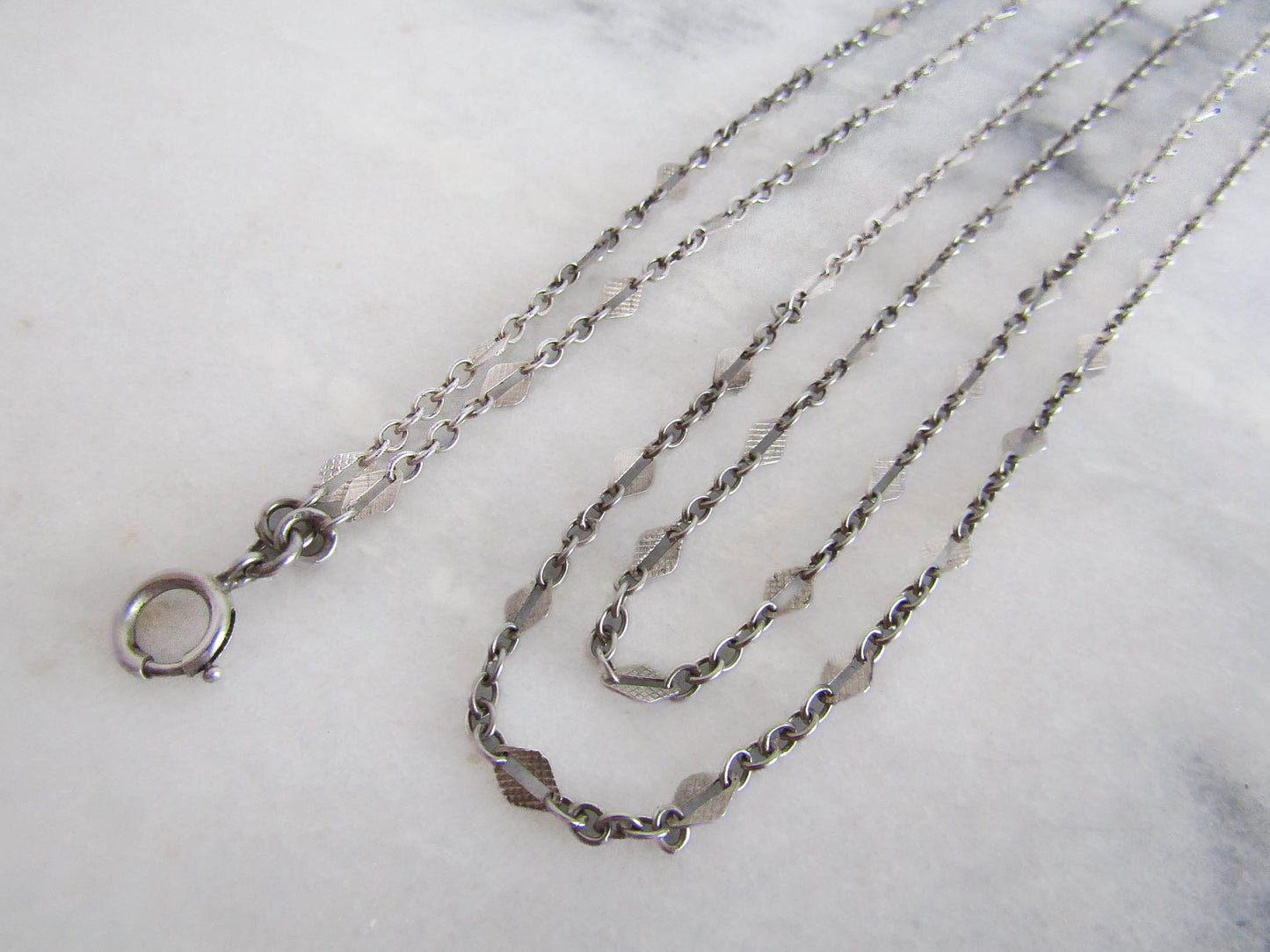 56" French Silver Art Deco Long Guard Chain with Lozenge Links and Hanging Bolt Ring