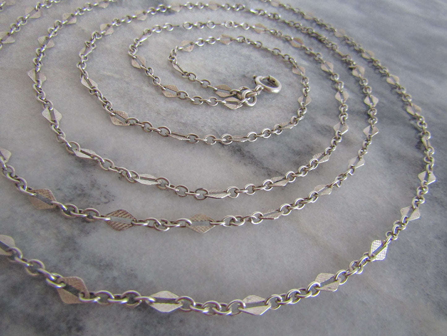 56" French Silver Art Deco Long Guard Chain with Lozenge Links and Hanging Bolt Ring