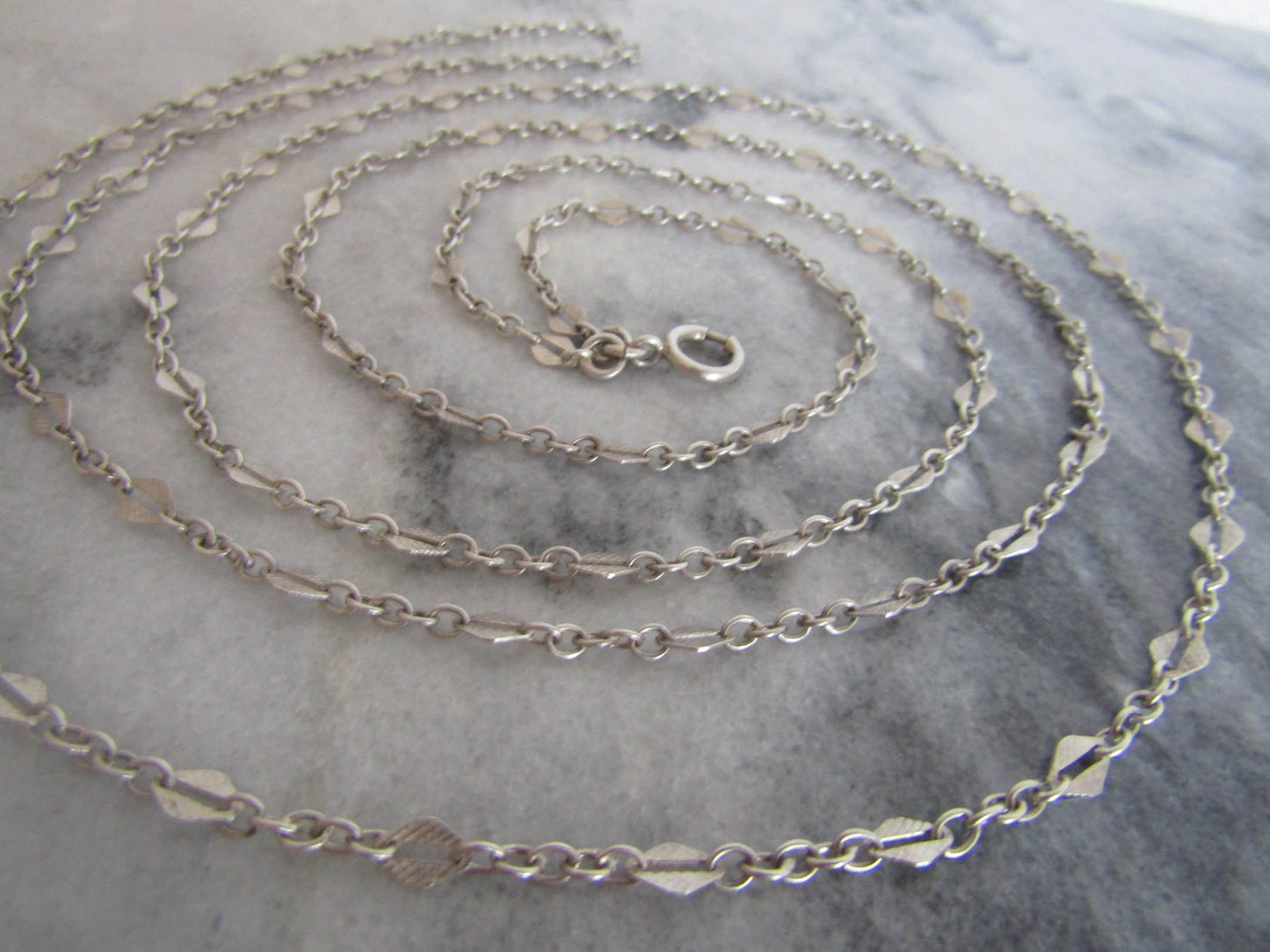 56" French Silver Art Deco Long Guard Chain with Lozenge Links and Hanging Bolt Ring