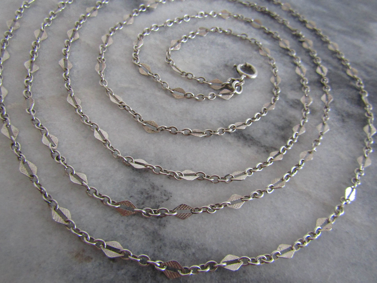 56" French Silver Art Deco Long Guard Chain with Lozenge Links and Hanging Bolt Ring