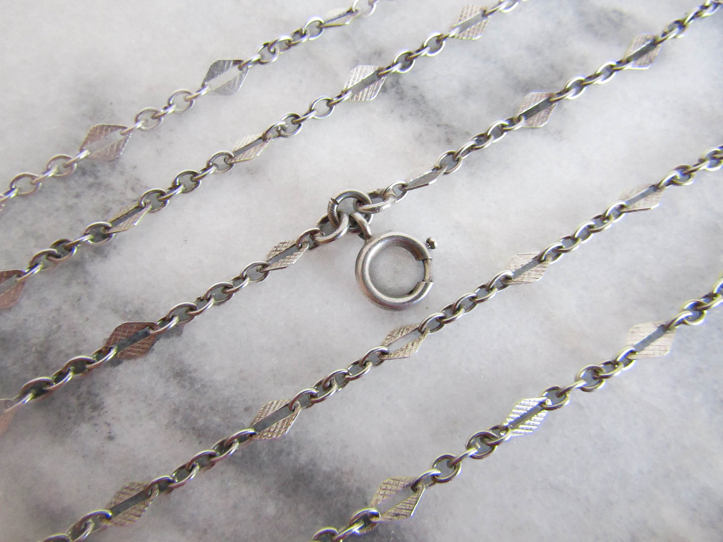 56" French Silver Art Deco Long Guard Chain with Lozenge Links and Hanging Bolt Ring