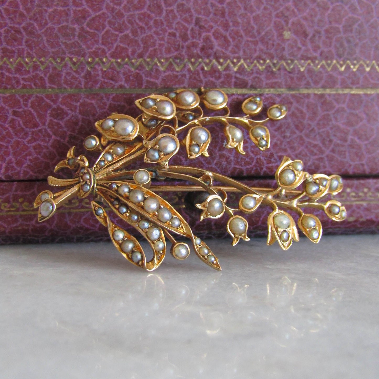 18K Solid Gold Lily of the Valley French Edwardian/Belle Epoque Brooch with seed pearls c. 1900